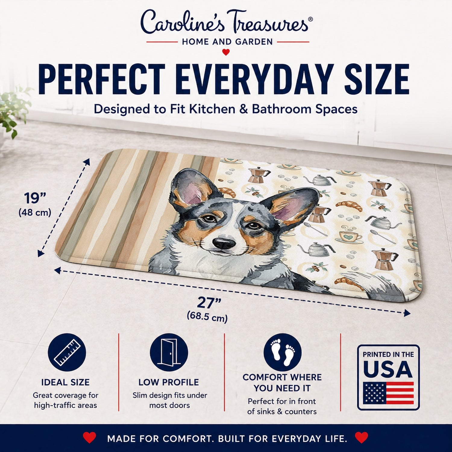 Blue Merle Cardigan Welsh Corgi Coffee Bar Memory Foam Kitchen Mat Machine Washable Anti-Fatigue Cushion Comfort Bath or Kitchen Rug
