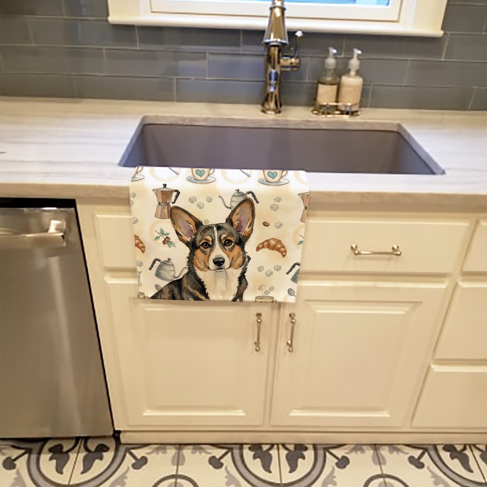 Brindle Cardigan Welsh Corgi Coffee Bar Kitchen Towel Velour Plush Front and Cotton Loop Back Machine Washable