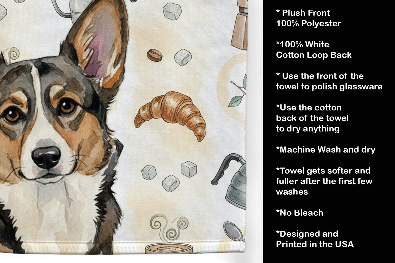 Brindle Cardigan Welsh Corgi Coffee Bar Kitchen Towel Velour Plush Front and Cotton Loop Back Machine Washable
