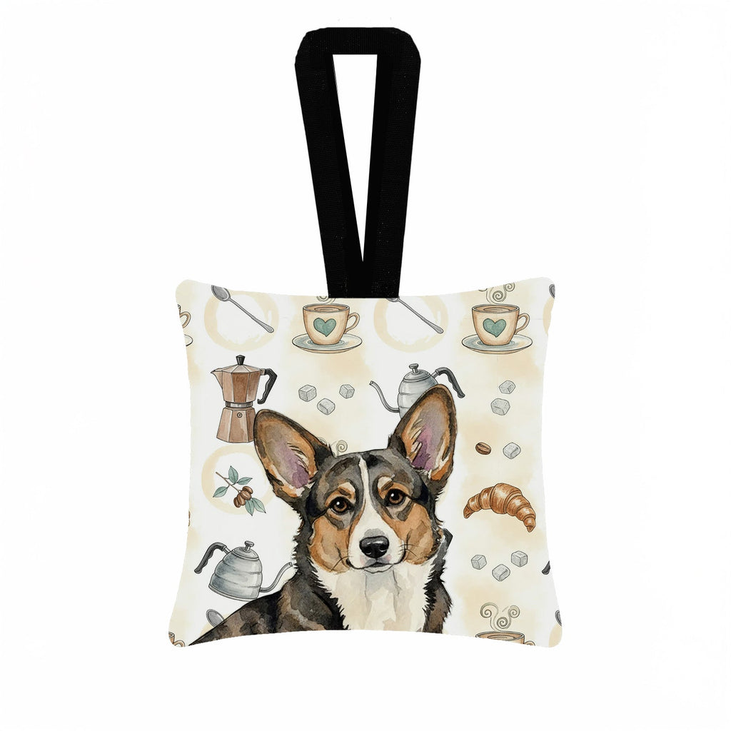 Brindle Cardigan Welsh Corgi Coffee Bar Hanging Square Fabric Ornament 3.5 � 3.5 Decorative Door-Knob & Tree Hanger, Soft Fabric