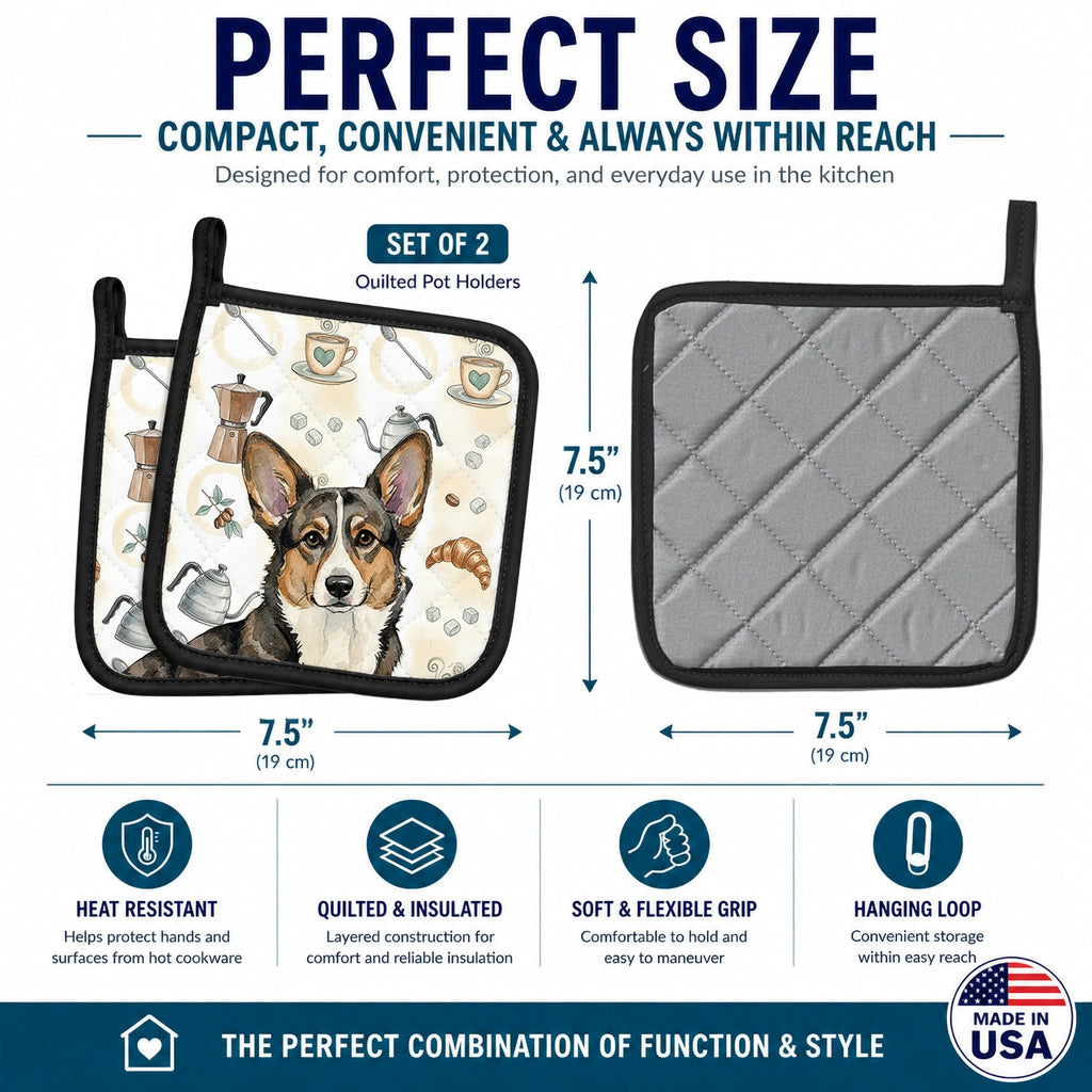 Brindle Cardigan Welsh Corgi Coffee Bar Pot Holder Set of 2 Heat Resistant Quilted Hot Pads 7.5 x 7.5 Inch, Insulated Kitchen Trivets for Cooking & Baking