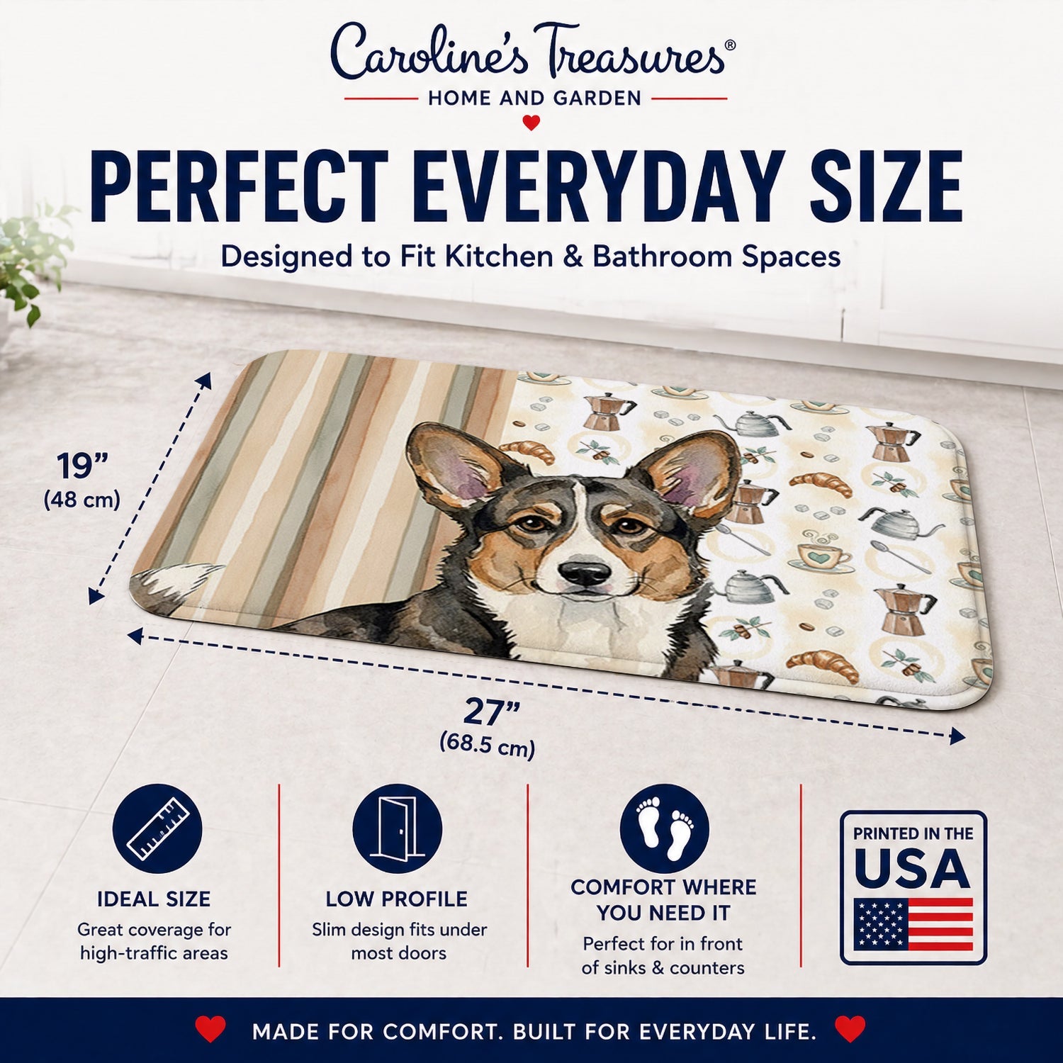Brindle Cardigan Welsh Corgi Coffee Bar Memory Foam Kitchen Mat Machine Washable Anti-Fatigue Cushion Comfort Bath or Kitchen Rug