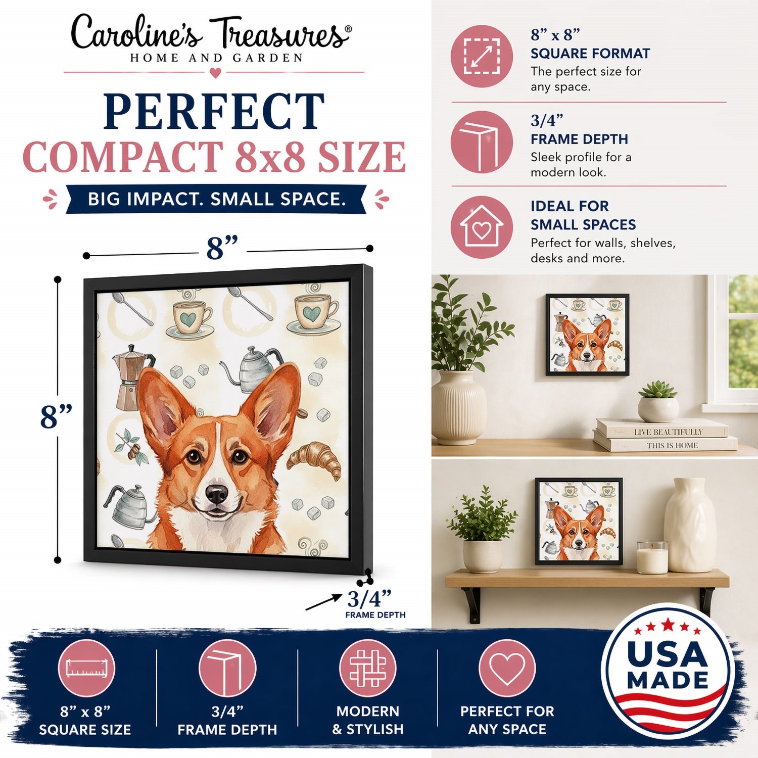 Red Cardigan Welsh Corgi Coffee Bar Framed Metal Print Bathroom, Kitchen, Office, Home Decor Wall Art Ready to Hang, Square, 8X8