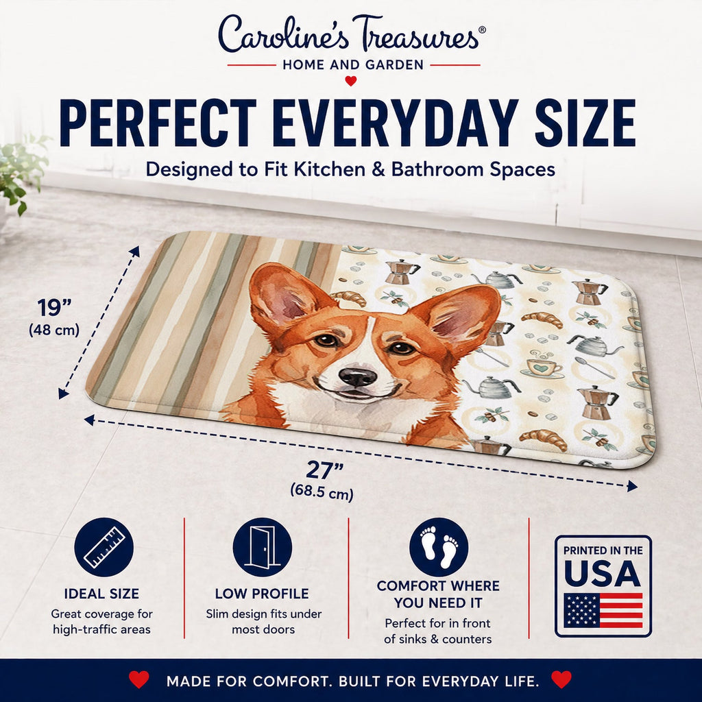 Red Cardigan Welsh Corgi Coffee Bar Memory Foam Kitchen Mat Machine Washable Anti-Fatigue Cushion Comfort Bath or Kitchen Rug