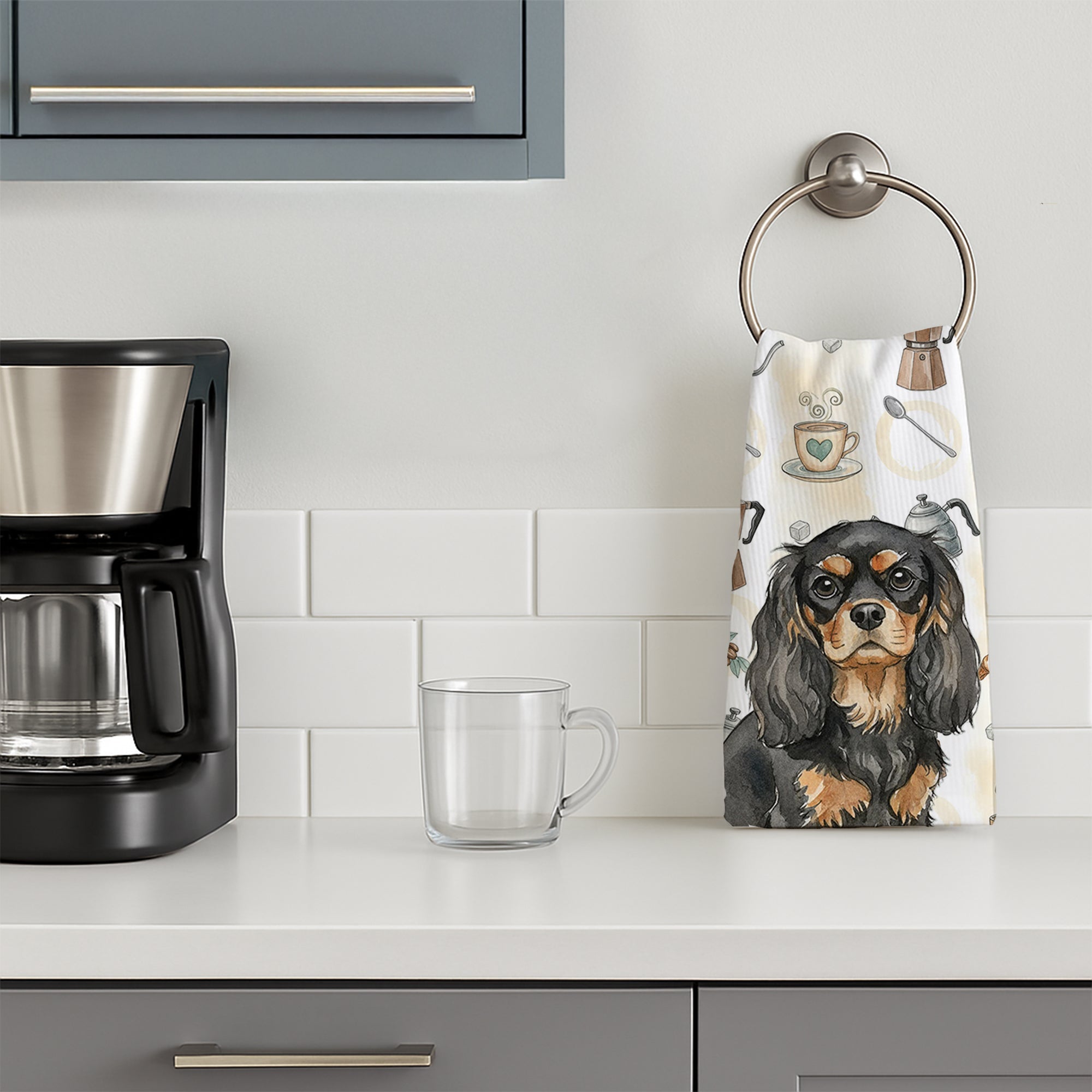 Black and Tan Cavalier Spaniel Coffee Bar Kitchen Towel Velour Plush Front and Cotton Loop Back Machine Washable
