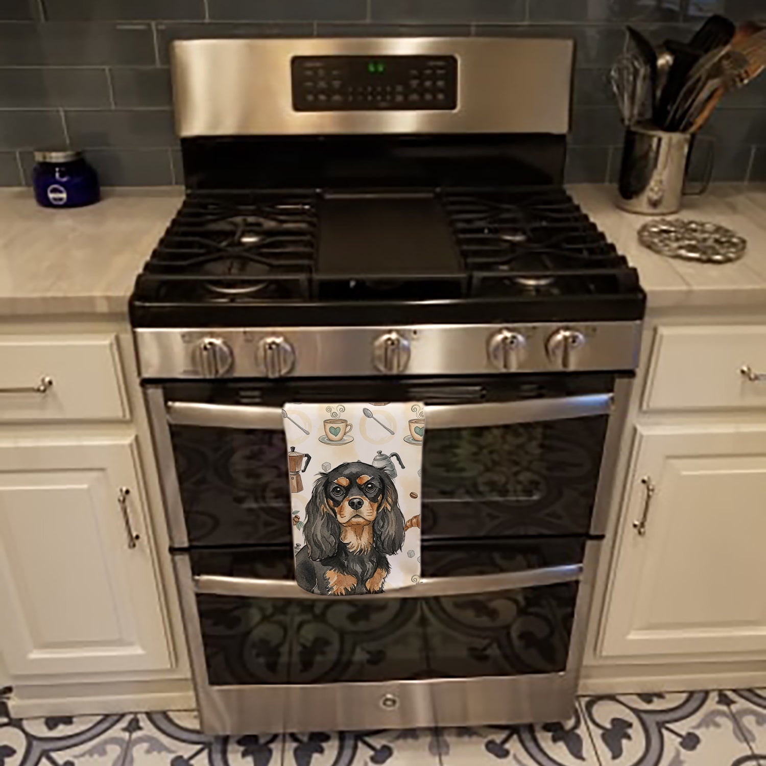 Black and Tan Cavalier Spaniel Coffee Bar Kitchen Towel Velour Plush Front and Cotton Loop Back Machine Washable