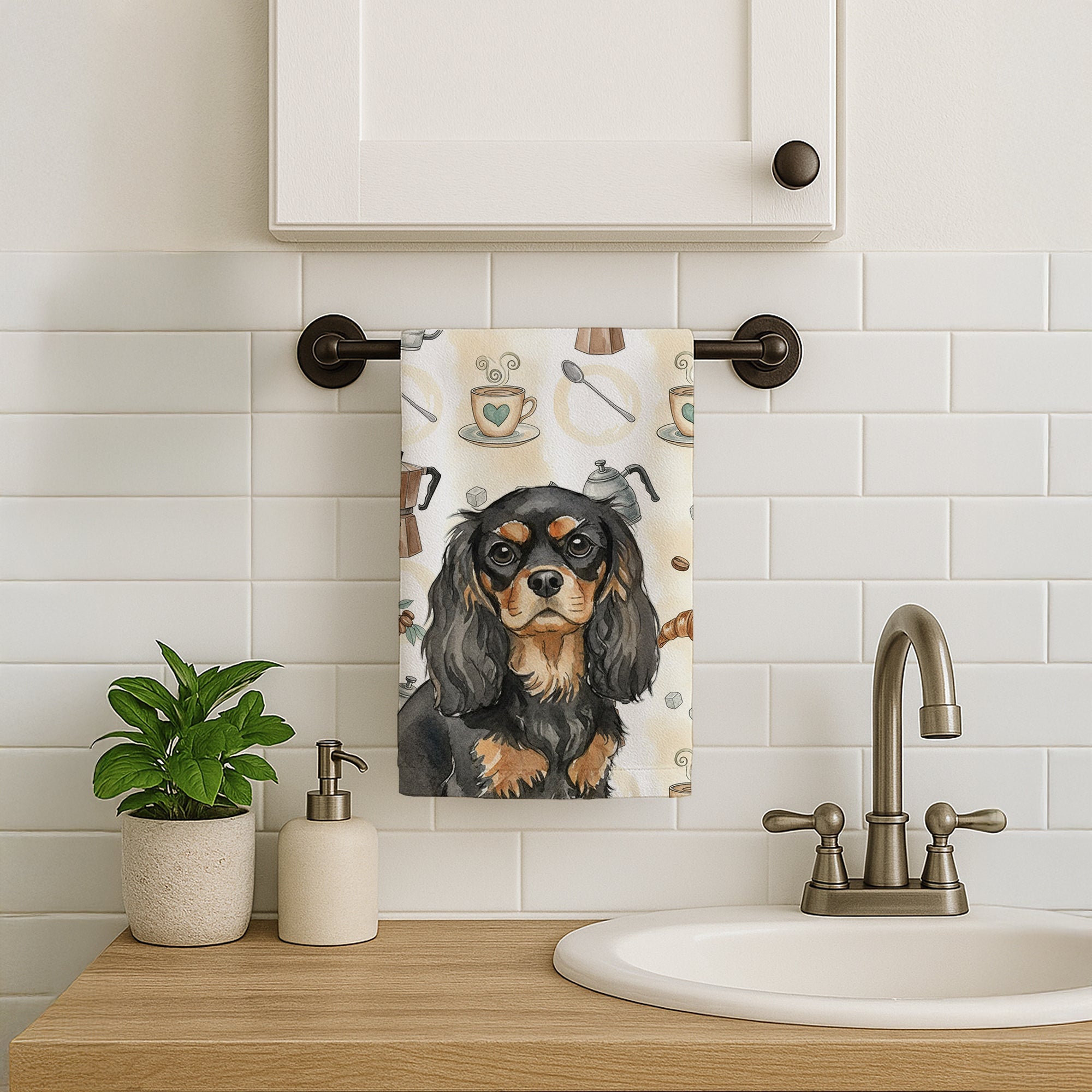 Black and Tan Cavalier Spaniel Coffee Bar Kitchen Towel Velour Plush Front and Cotton Loop Back Machine Washable
