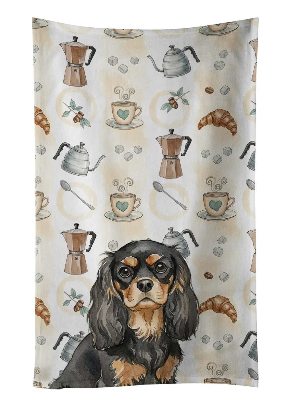 Black and Tan Cavalier Spaniel Coffee Bar Kitchen Towel Velour Plush Front and Cotton Loop Back Machine Washable