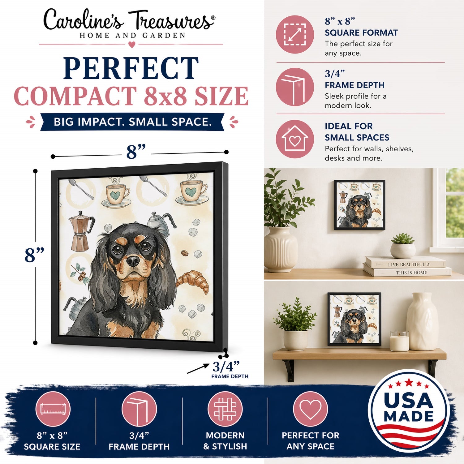 Black and Tan Cavalier Spaniel Coffee Bar Framed Metal Print Bathroom, Kitchen, Office, Home Decor Wall Art Ready to Hang, Square, 8X8