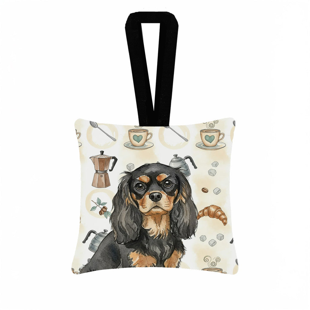 Black and Tan Cavalier Spaniel Coffee Bar Hanging Square Fabric Ornament 3.5 � 3.5 Decorative Door-Knob & Tree Hanger, Soft Fabric