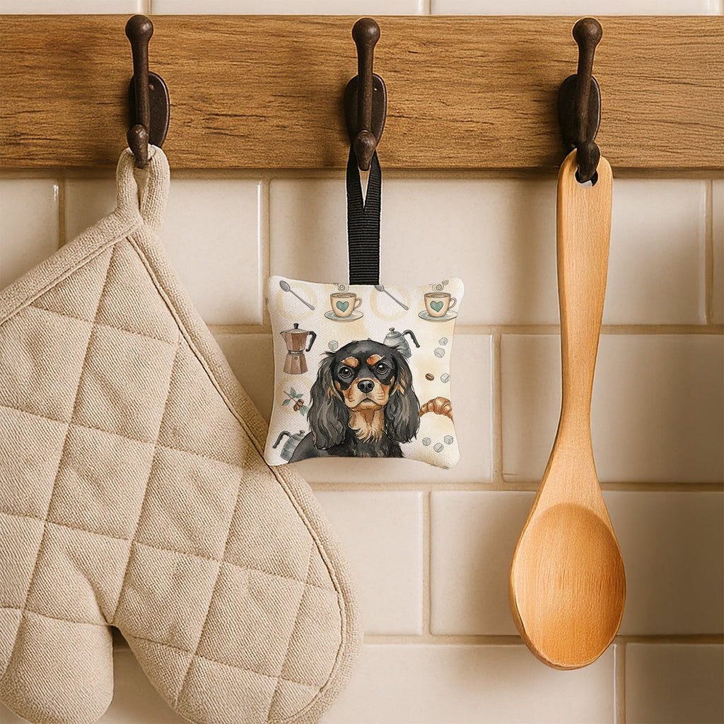 Black and Tan Cavalier Spaniel Coffee Bar Hanging Square Fabric Ornament 3.5 � 3.5 Decorative Door-Knob & Tree Hanger, Soft Fabric