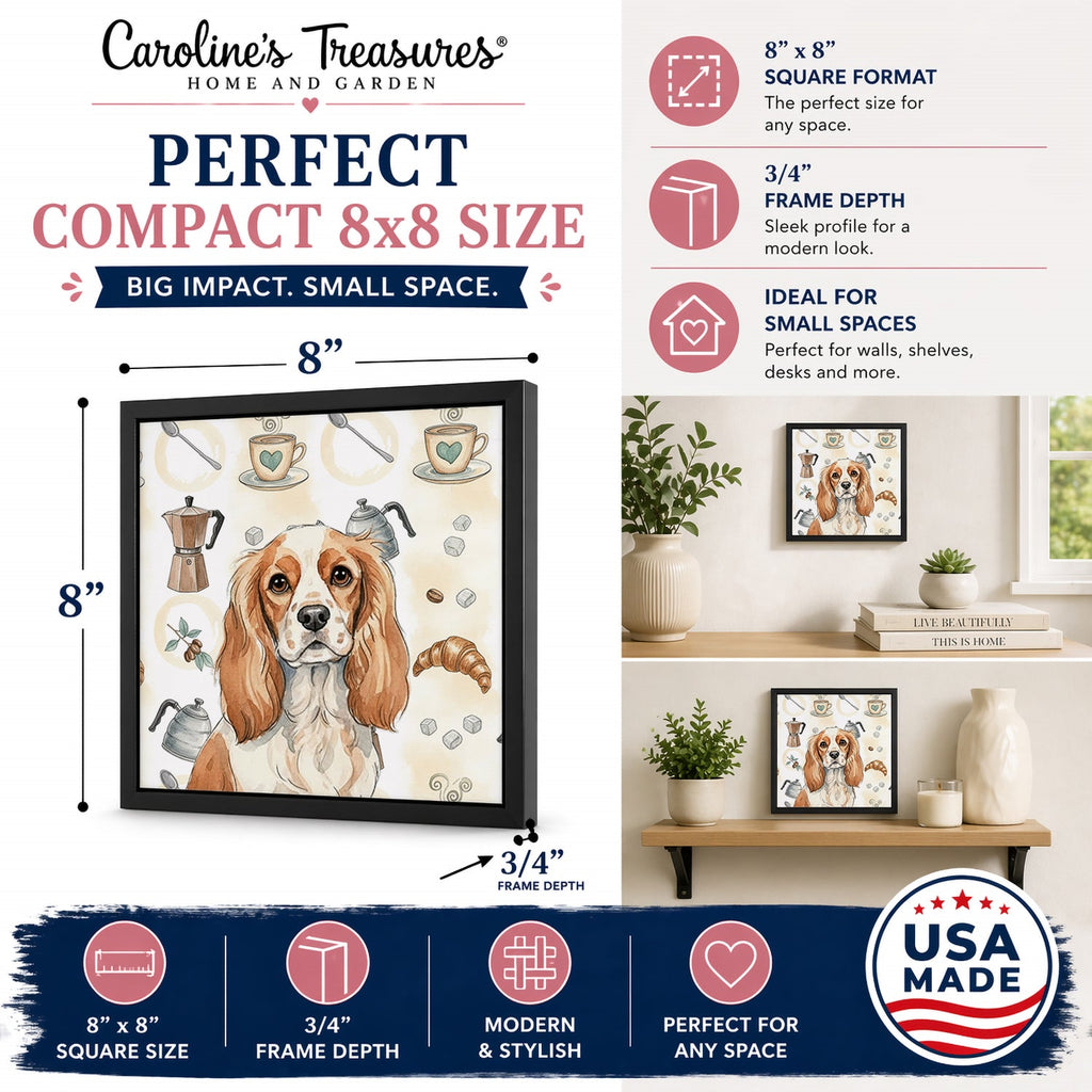 Blenheim Cavalier Spaniel Coffee Bar Framed Metal Print Bathroom, Kitchen, Office, Home Decor Wall Art Ready to Hang, Square, 8X8