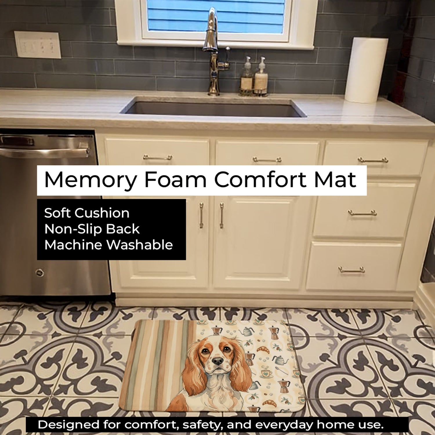 Blenheim Cavalier Spaniel Coffee Bar Memory Foam Kitchen Mat Machine Washable Anti-Fatigue Cushion Comfort Bath or Kitchen Rug