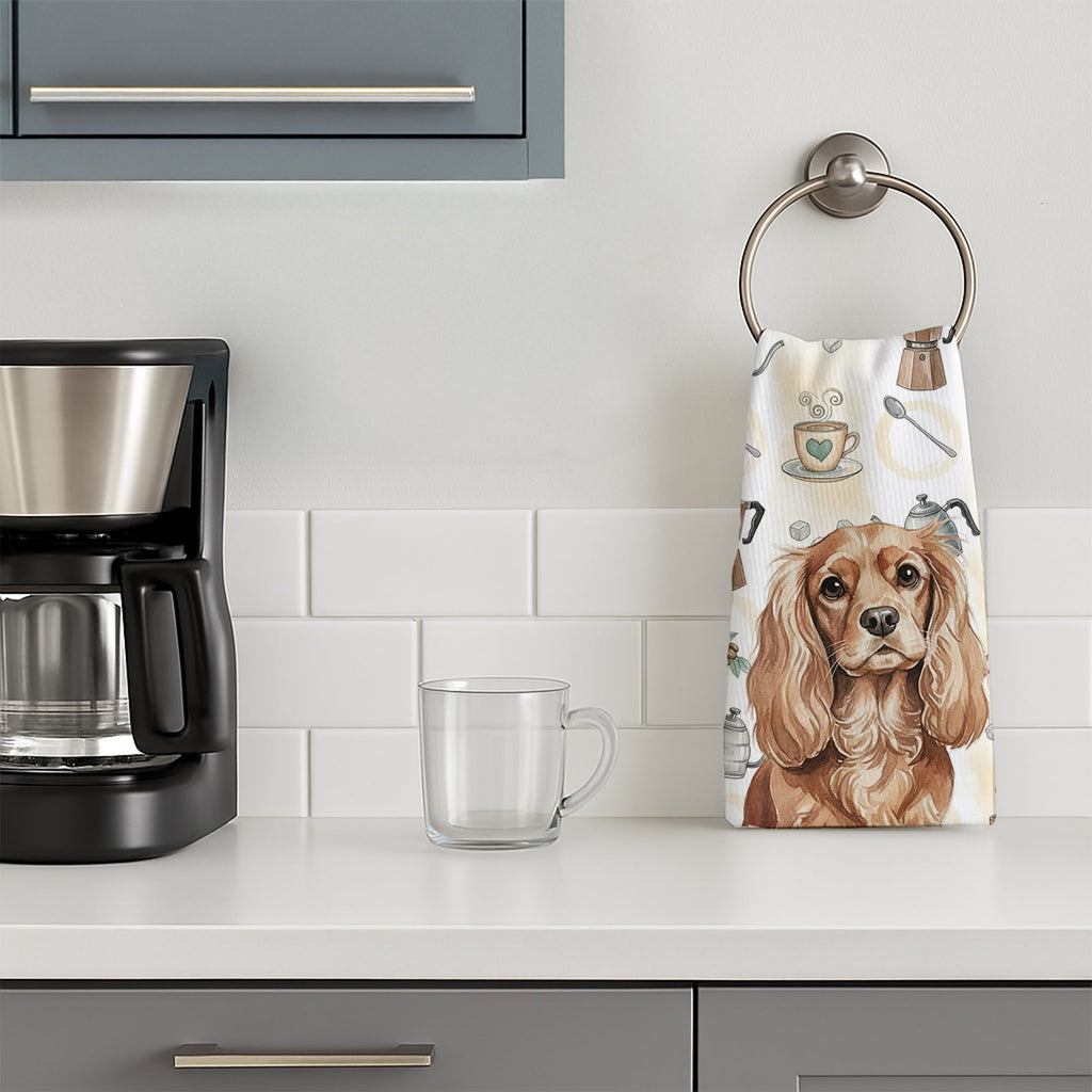 Ruby Cavalier Spaniel Coffee Bar Kitchen Towel Velour Plush Front and Cotton Loop Back Machine Washable