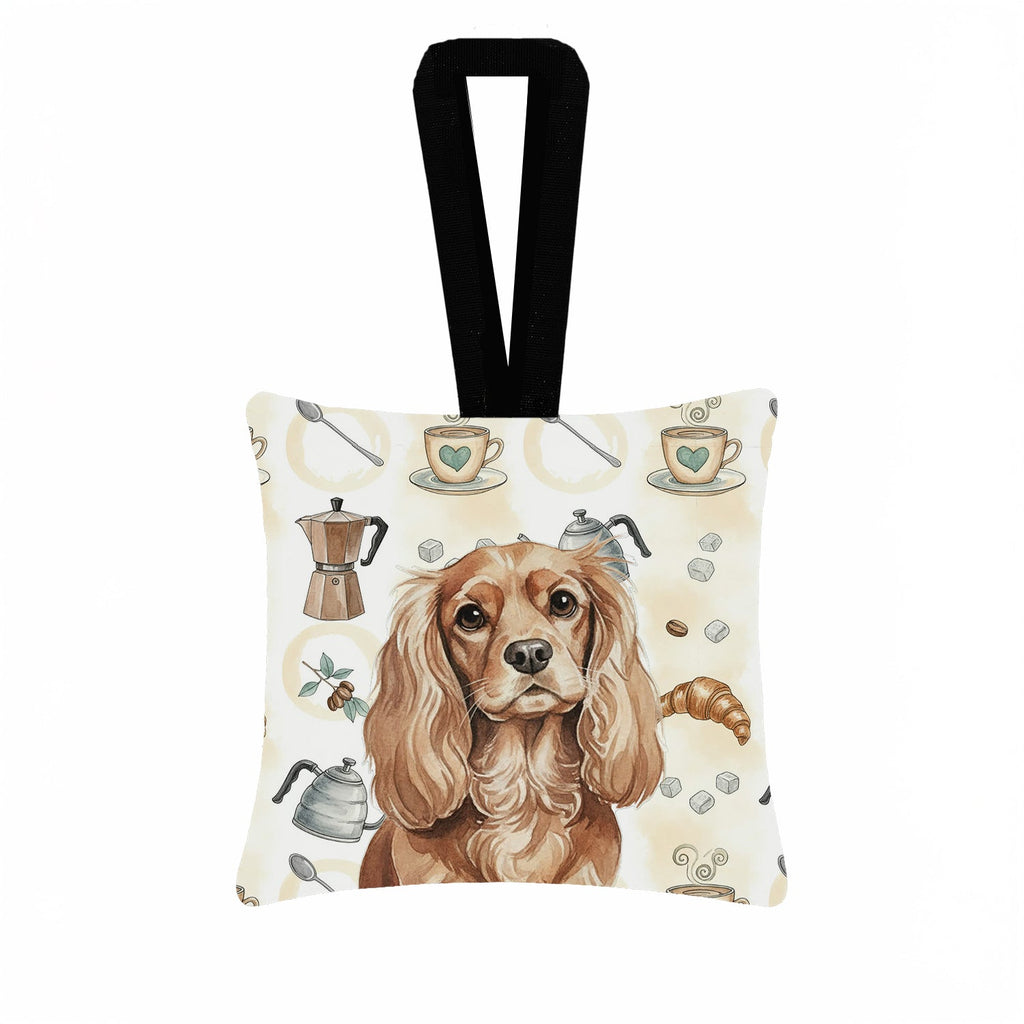 Ruby Cavalier Spaniel Coffee Bar Hanging Square Fabric Ornament 3.5 � 3.5 Decorative Door-Knob & Tree Hanger, Soft Fabric