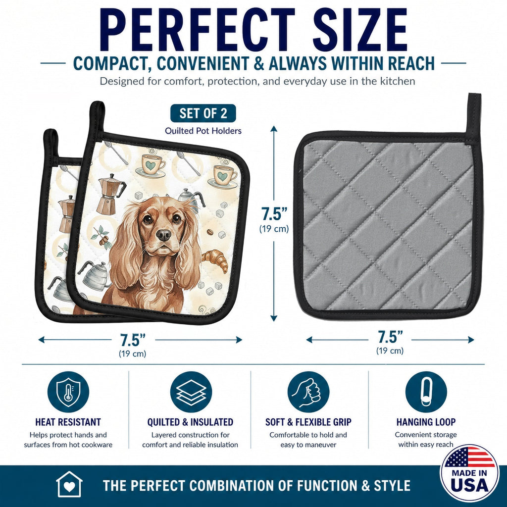 Ruby Cavalier Spaniel Coffee Bar Pot Holder Set of 2 Heat Resistant Quilted Hot Pads 7.5 x 7.5 Inch, Insulated Kitchen Trivets for Cooking & Baking