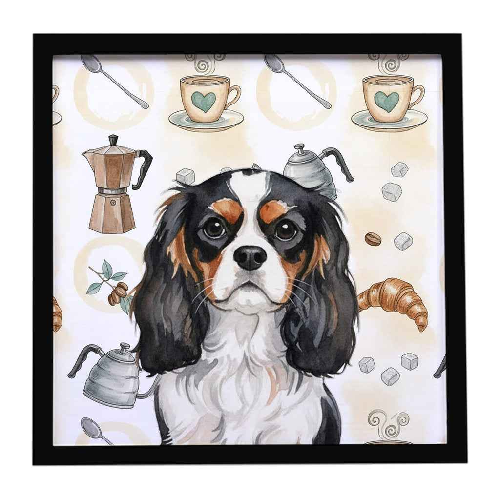 Tricolor Cavalier Spaniel Coffee Bar Framed Metal Print Bathroom, Kitchen, Office, Home Decor Wall Art Ready to Hang, Square, 8X8