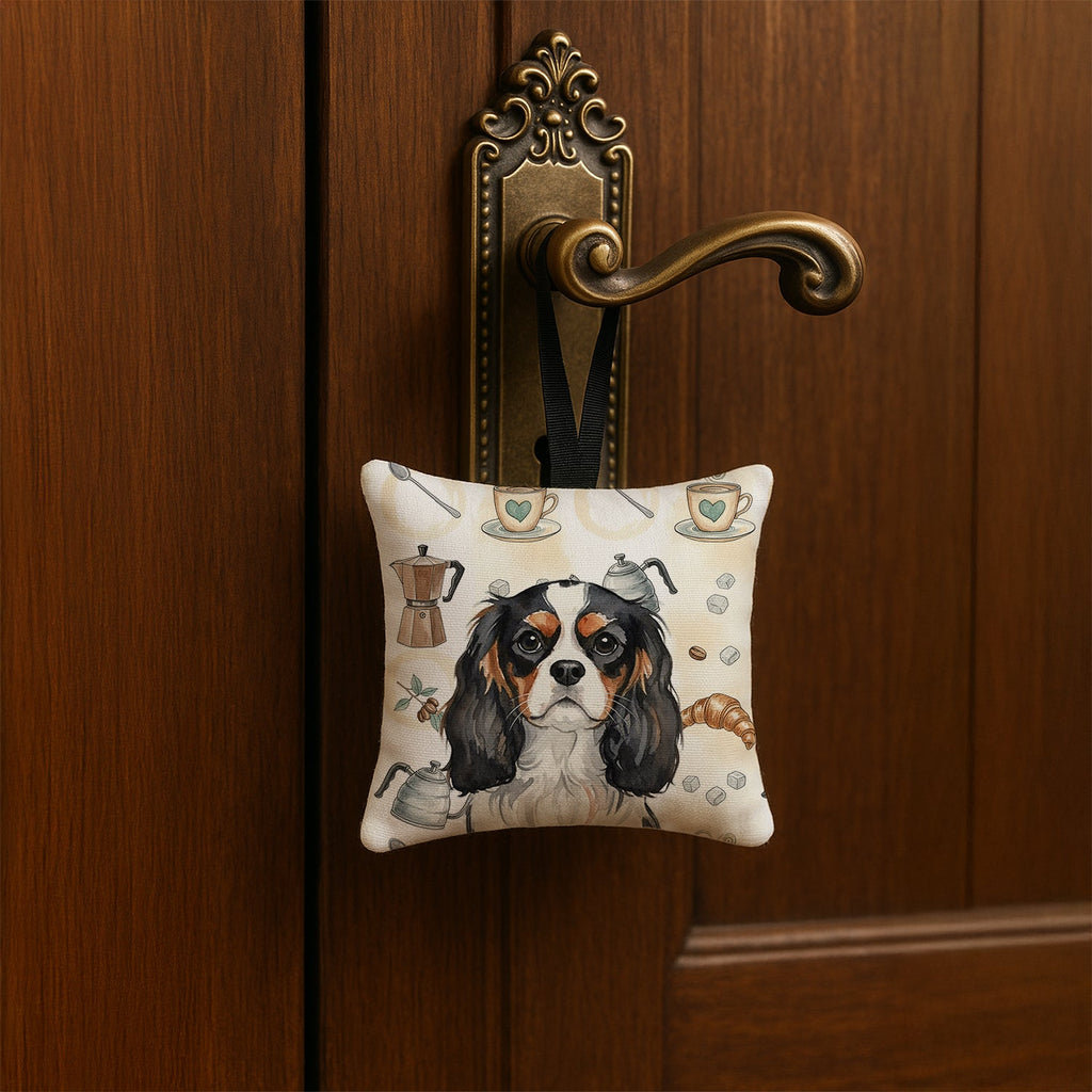 Tricolor Cavalier Spaniel Coffee Bar Hanging Square Fabric Ornament 3.5 � 3.5 Decorative Door-Knob & Tree Hanger, Soft Fabric