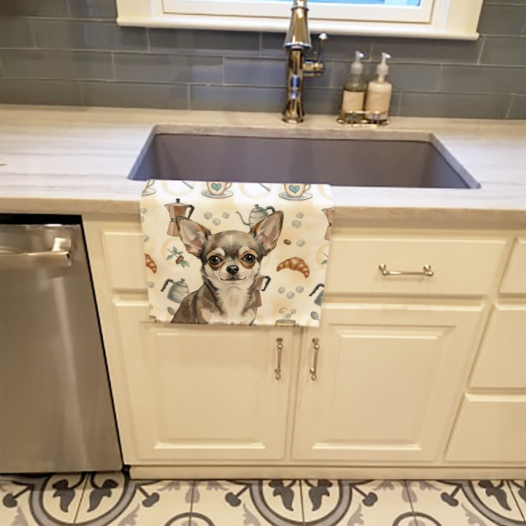 Chihuahua Coffee Bar Kitchen Towel Velour Plush Front and Cotton Loop Back Machine Washable