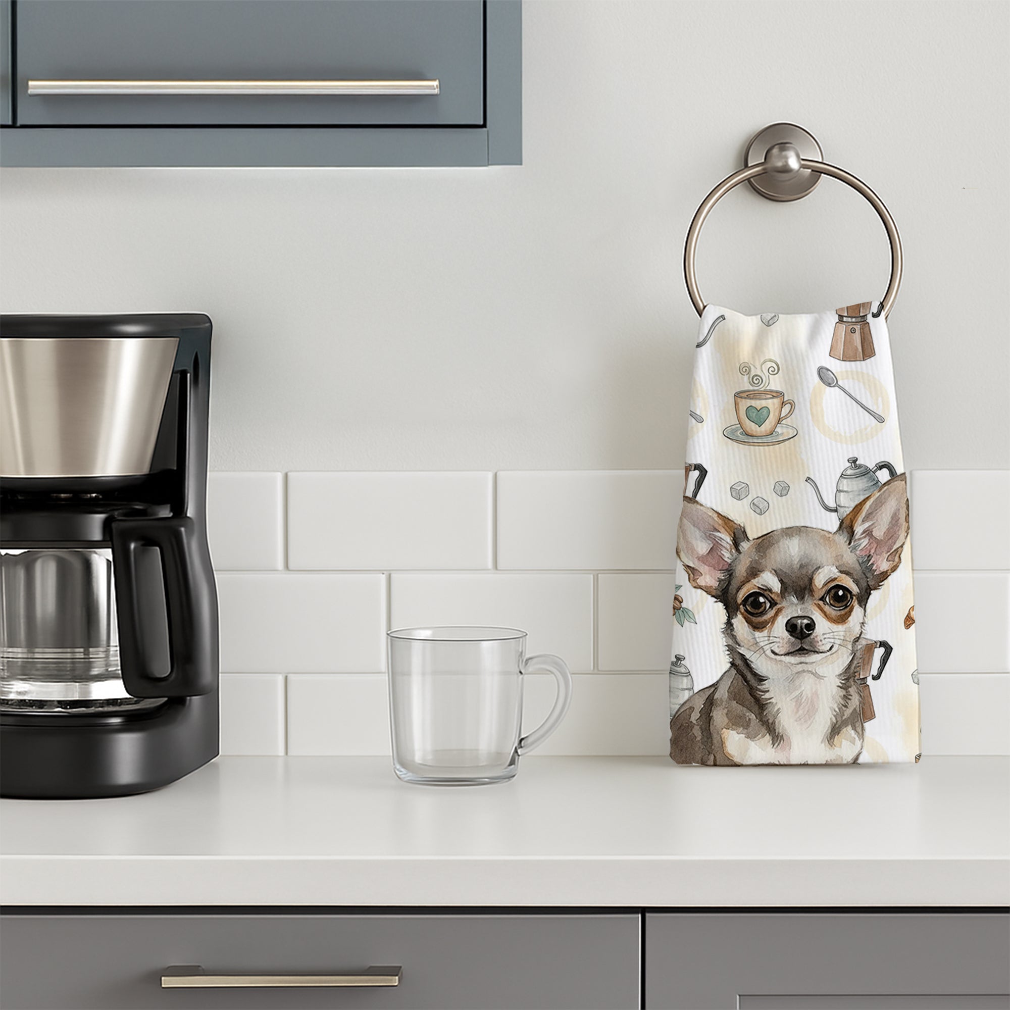 Chihuahua Coffee Bar Kitchen Towel Velour Plush Front and Cotton Loop Back Machine Washable