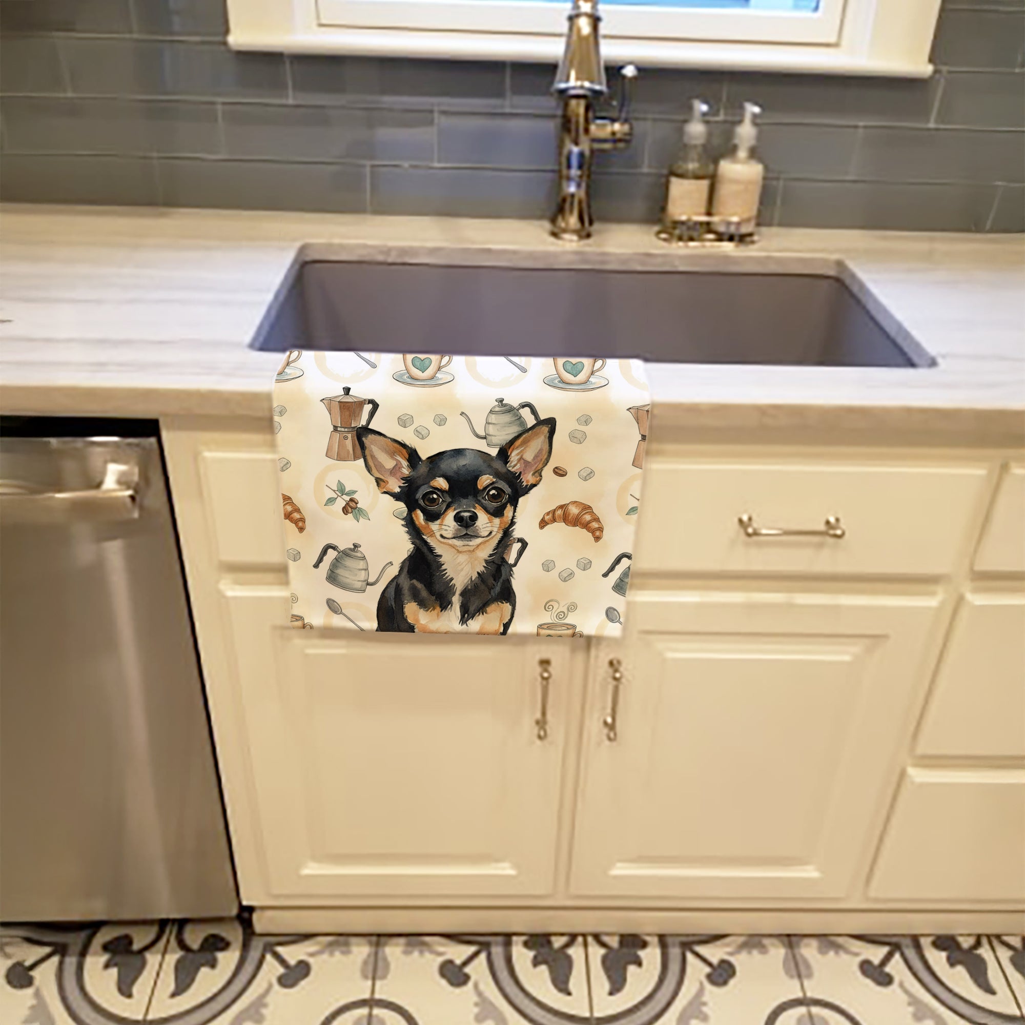 Black and Tan Chihuahua Coffee Bar Kitchen Towel Velour Plush Front and Cotton Loop Back Machine Washable