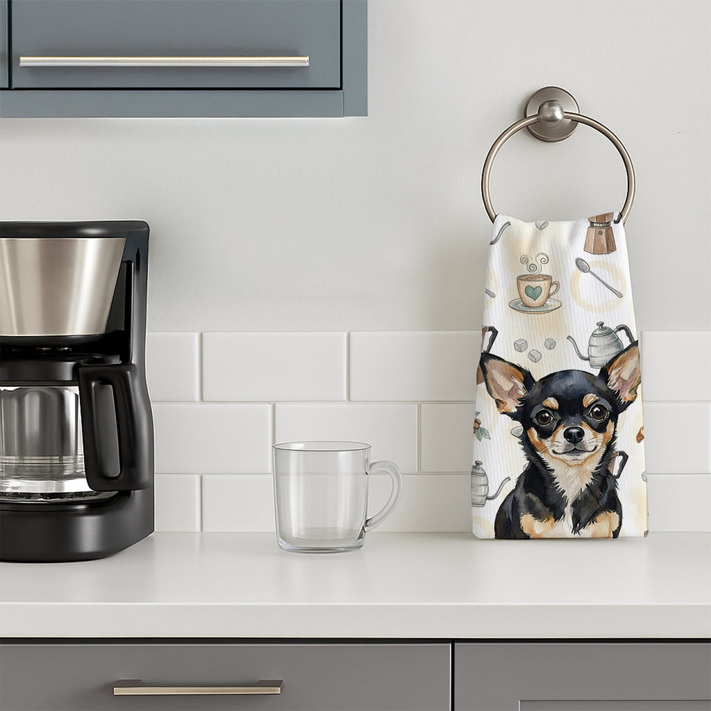 Black and Tan Chihuahua Coffee Bar Kitchen Towel Velour Plush Front and Cotton Loop Back Machine Washable