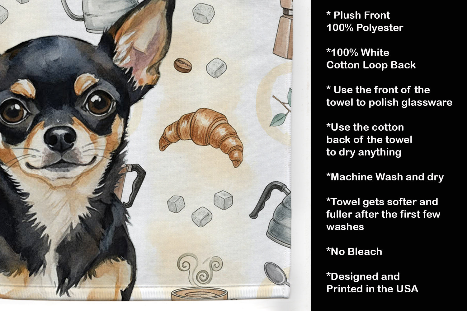 Black and Tan Chihuahua Coffee Bar Kitchen Towel Velour Plush Front and Cotton Loop Back Machine Washable