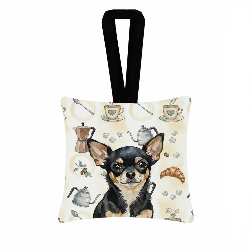 Black and Tan Chihuahua Coffee Bar Hanging Square Fabric Ornament 3.5 � 3.5 Decorative Door-Knob & Tree Hanger, Soft Fabric