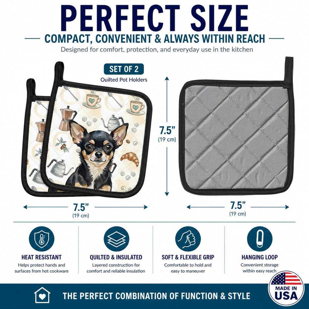 Black and Tan Chihuahua Coffee Bar Pot Holder Set of 2 Heat Resistant Quilted Hot Pads 7.5 x 7.5 Inch, Insulated Kitchen Trivets for Cooking & Baking