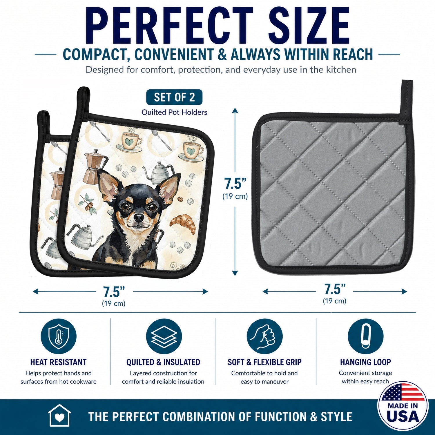 Black and Tan Chihuahua Coffee Bar Pot Holder Set of 2 Heat Resistant Quilted Hot Pads 7.5 x 7.5 Inch, Insulated Kitchen Trivets for Cooking & Baking