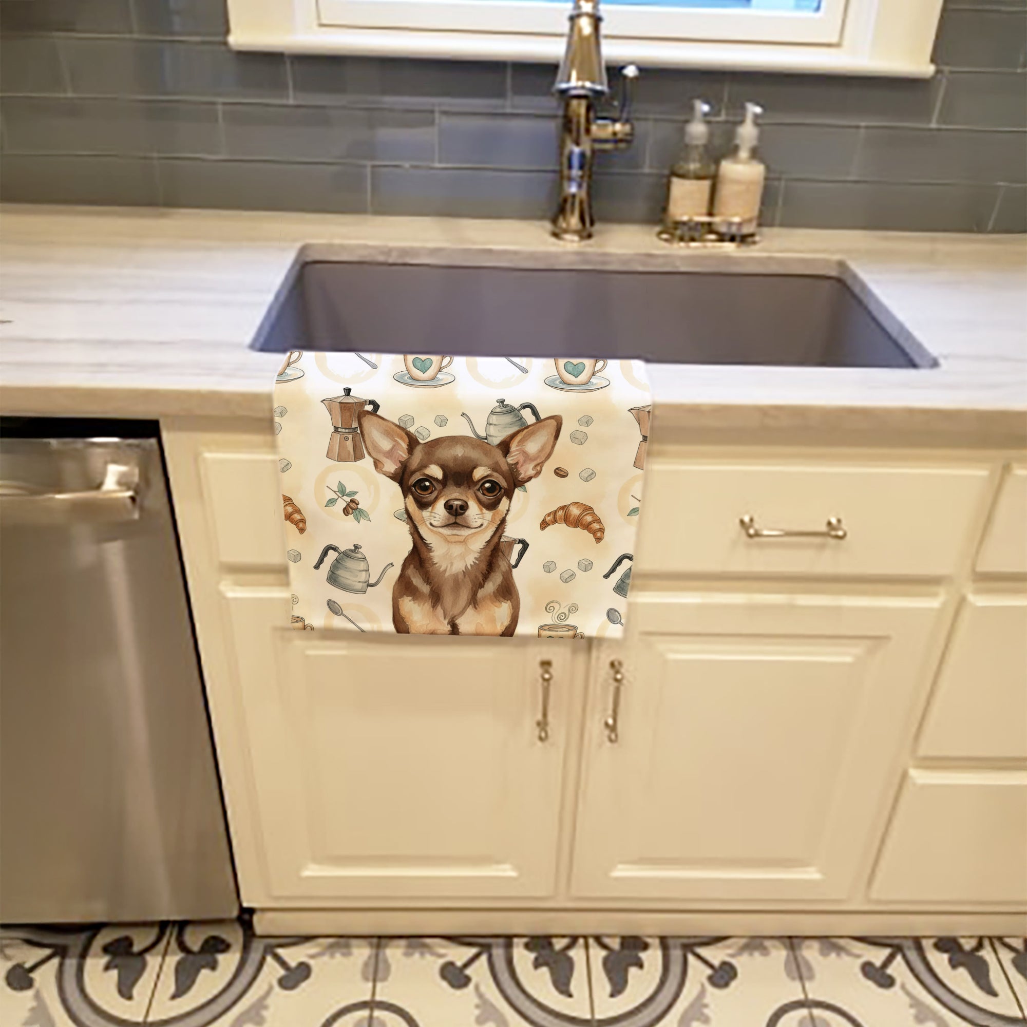 Chocolate Chihuahua Coffee Bar Kitchen Towel Velour Plush Front and Cotton Loop Back Machine Washable