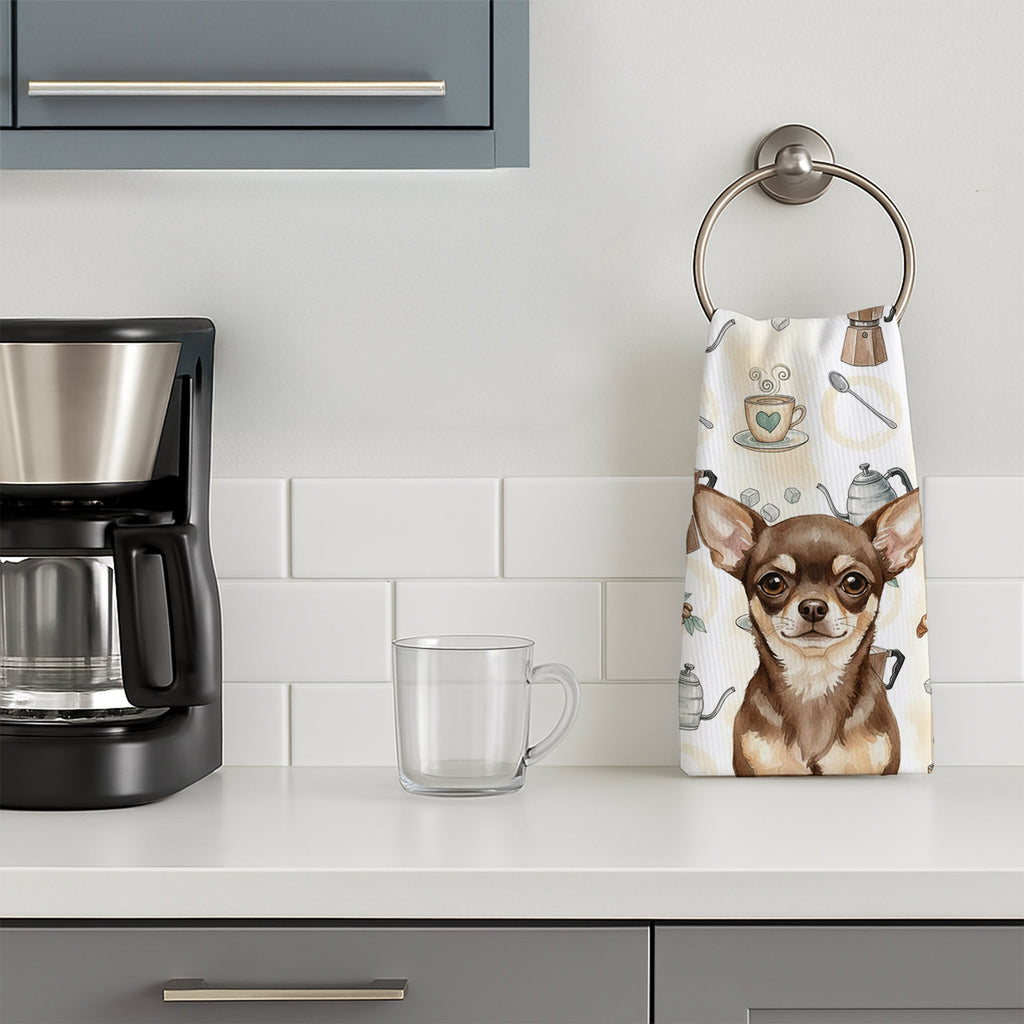 Chocolate Chihuahua Coffee Bar Kitchen Towel Velour Plush Front and Cotton Loop Back Machine Washable