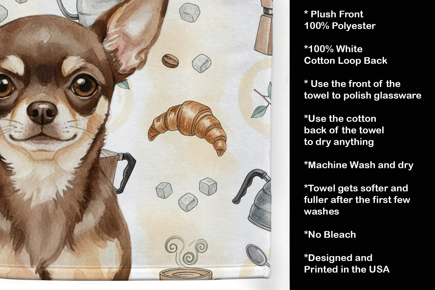 Chocolate Chihuahua Coffee Bar Kitchen Towel Velour Plush Front and Cotton Loop Back Machine Washable