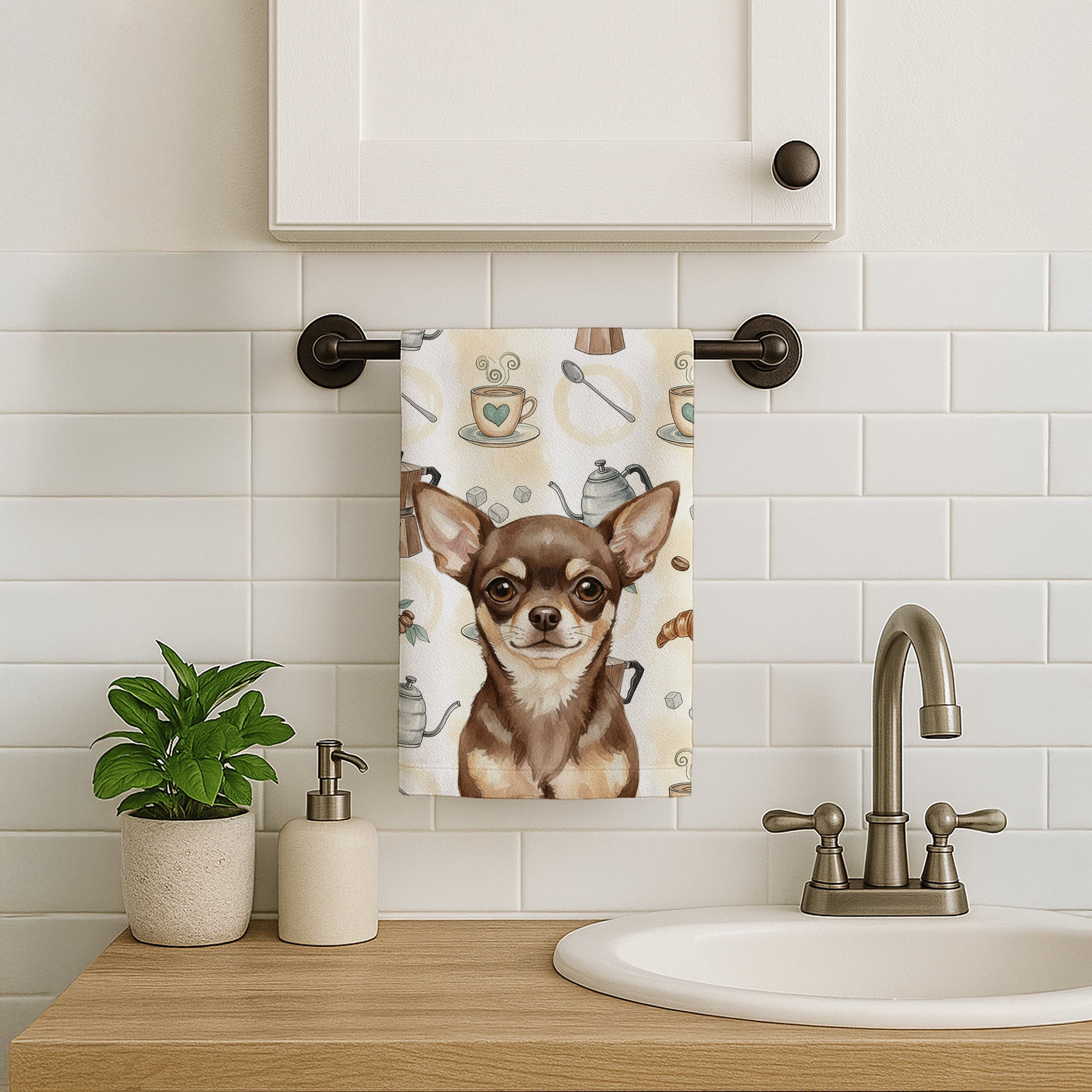 Chocolate Chihuahua Coffee Bar Kitchen Towel Velour Plush Front and Cotton Loop Back Machine Washable