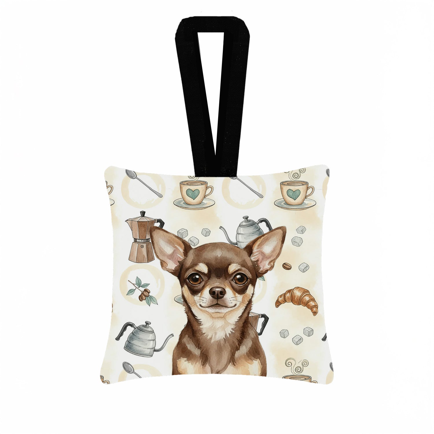 Chocolate Chihuahua Coffee Bar Hanging Square Fabric Ornament 3.5 � 3.5 Decorative Door-Knob & Tree Hanger, Soft Fabric