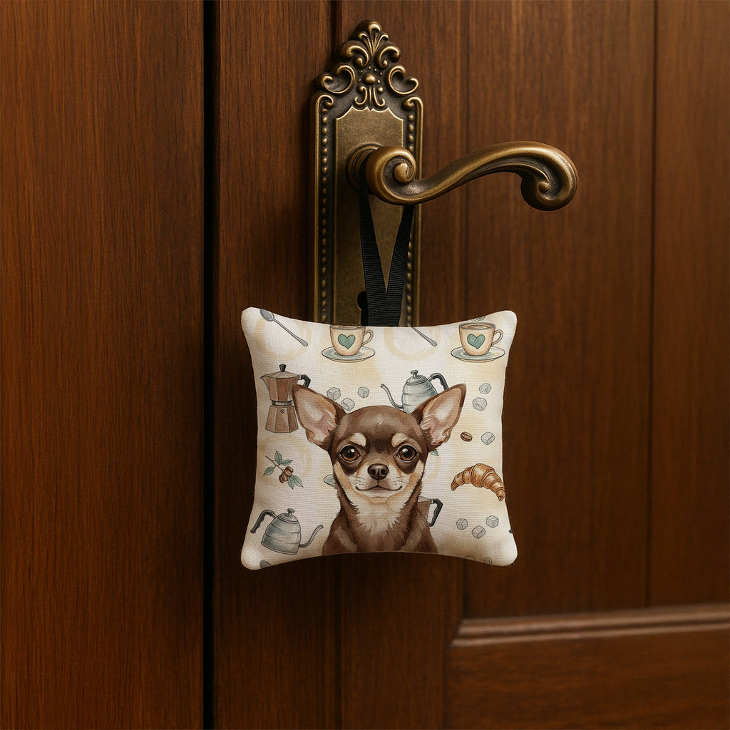 Chocolate Chihuahua Coffee Bar Hanging Square Fabric Ornament 3.5 � 3.5 Decorative Door-Knob & Tree Hanger, Soft Fabric