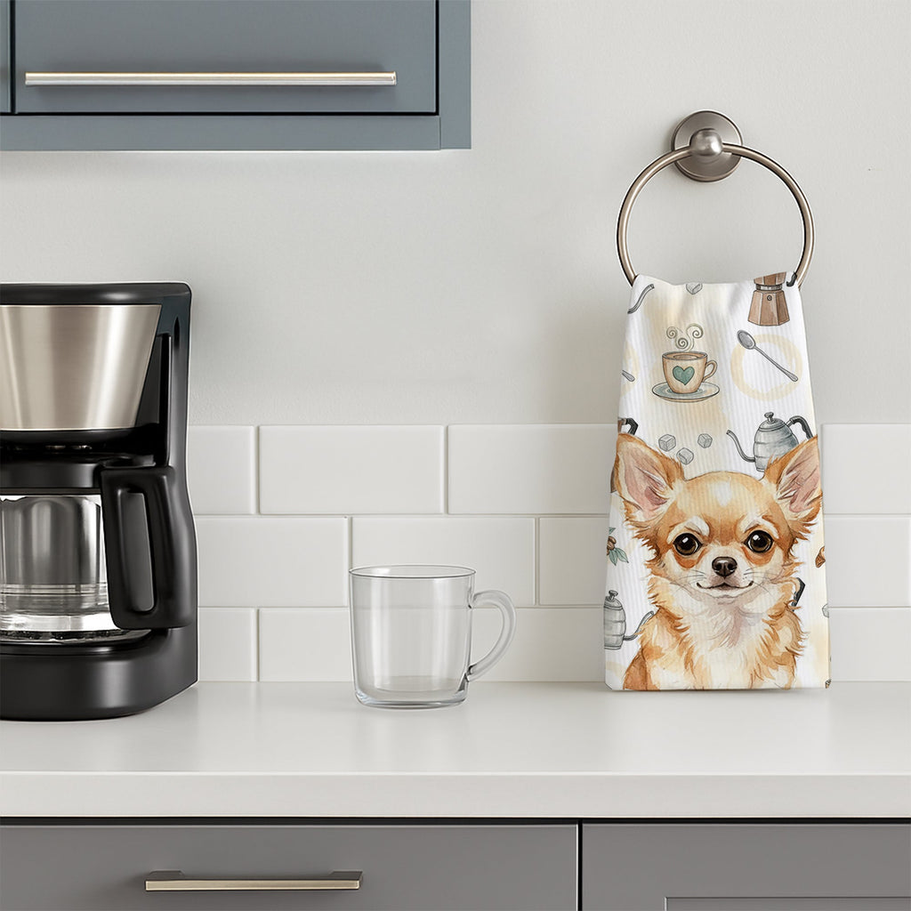 Fawn Chihuahua Coffee Bar Kitchen Towel Velour Plush Front and Cotton Loop Back Machine Washable