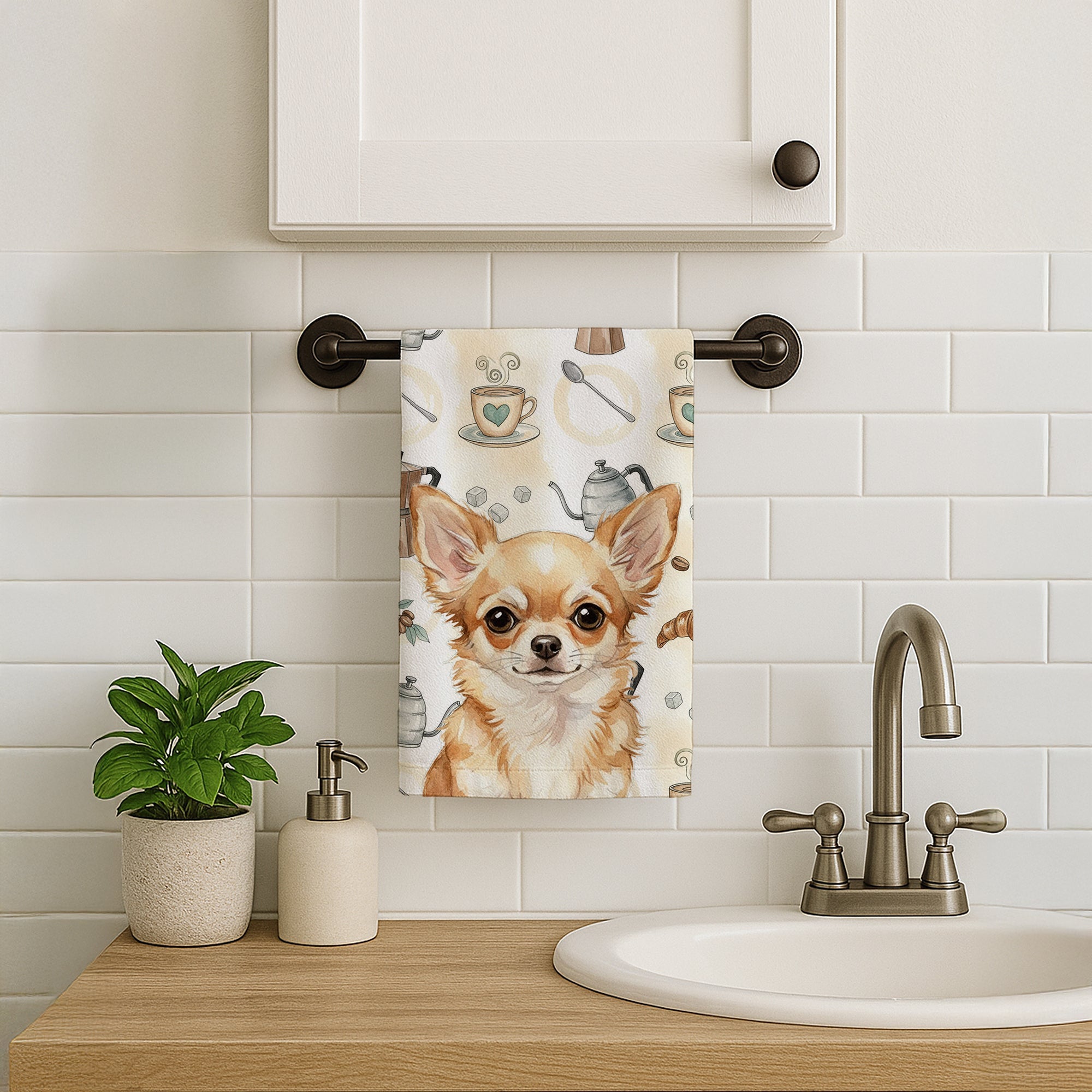 Fawn Chihuahua Coffee Bar Kitchen Towel Velour Plush Front and Cotton Loop Back Machine Washable