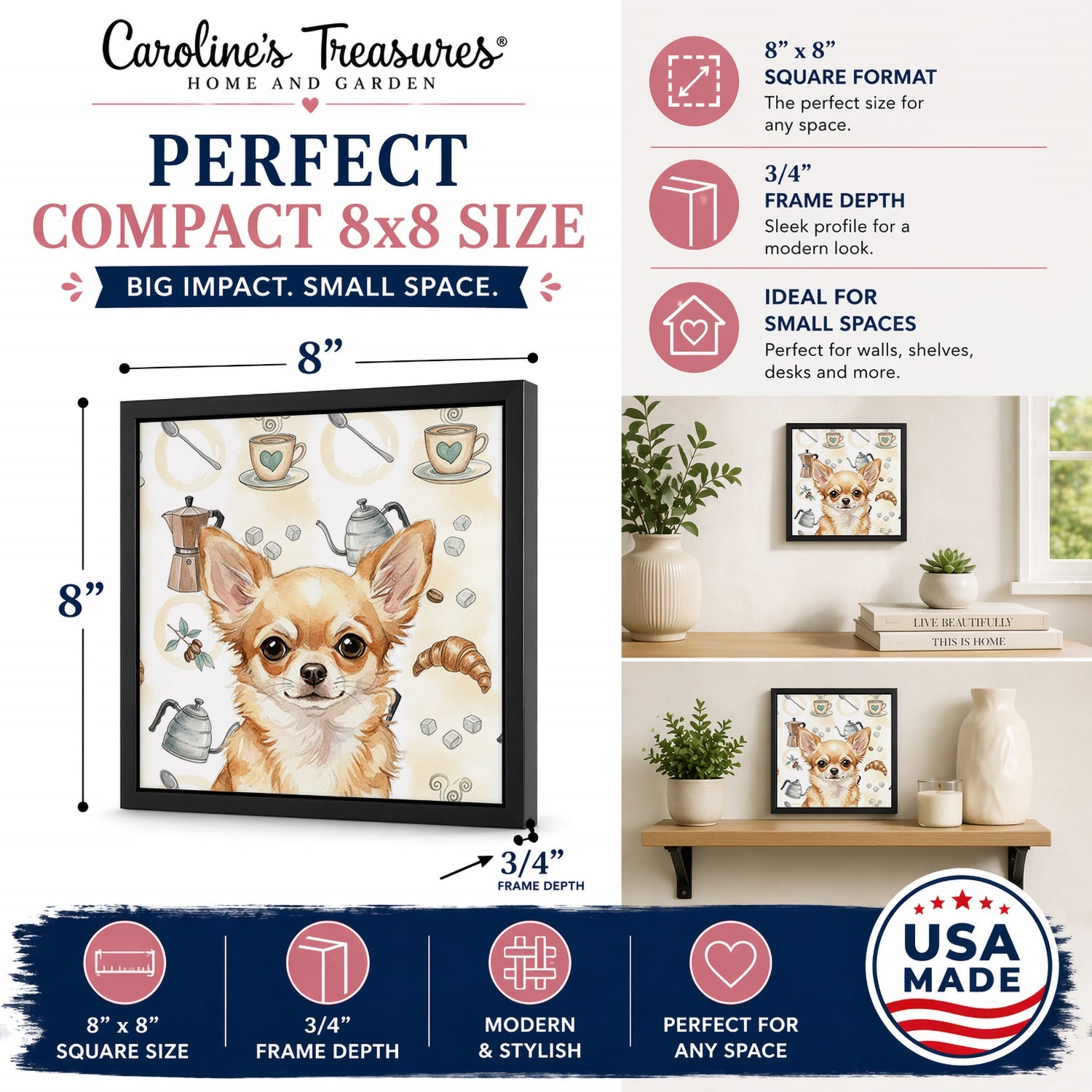 Fawn Chihuahua Coffee Bar Framed Metal Print Bathroom, Kitchen, Office, Home Decor Wall Art Ready to Hang, Square, 8X8