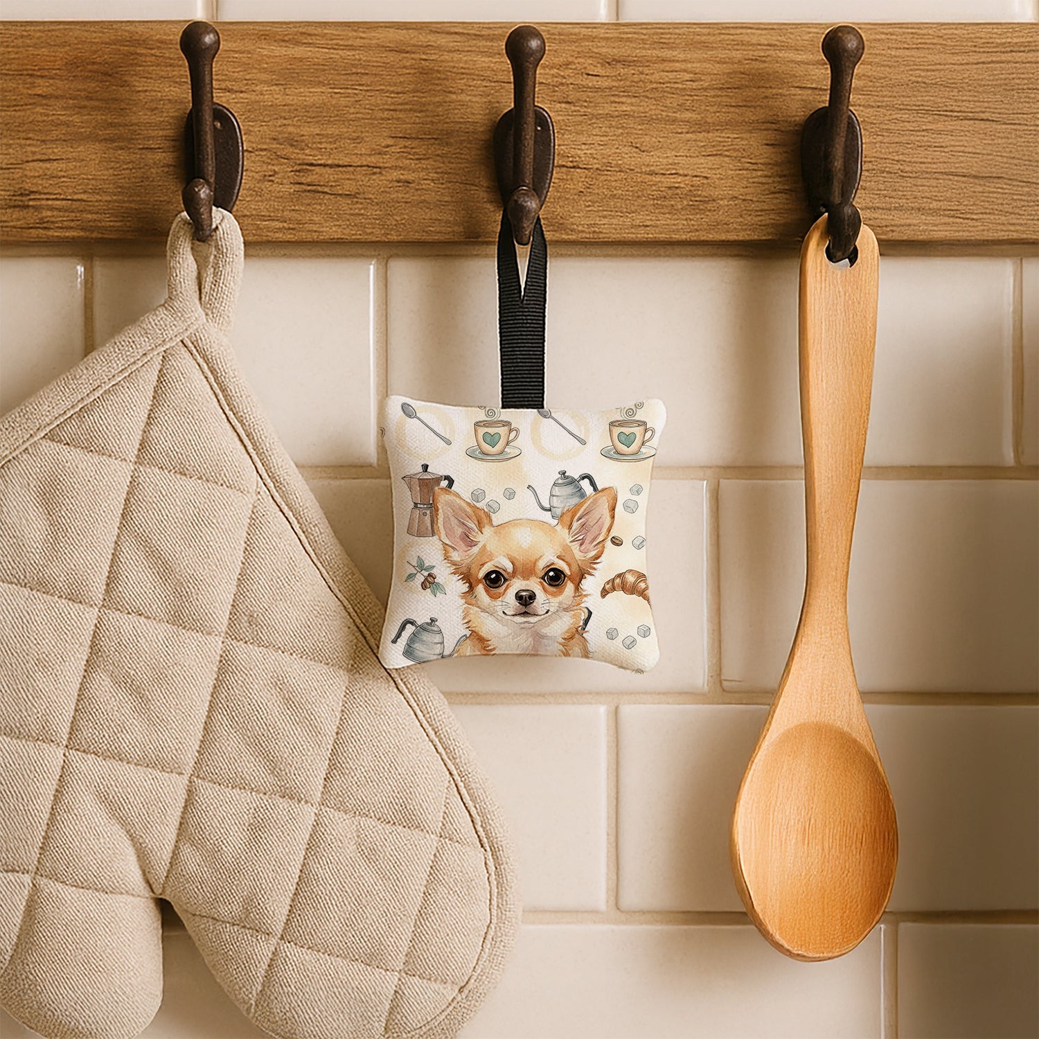 Fawn Chihuahua Coffee Bar Hanging Square Fabric Ornament 3.5 � 3.5 Decorative Door-Knob & Tree Hanger, Soft Fabric