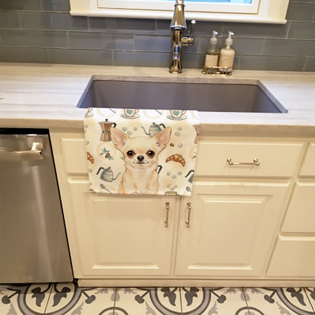 Cream Chihuahua Coffee Bar Kitchen Towel Velour Plush Front and Cotton Loop Back Machine Washable