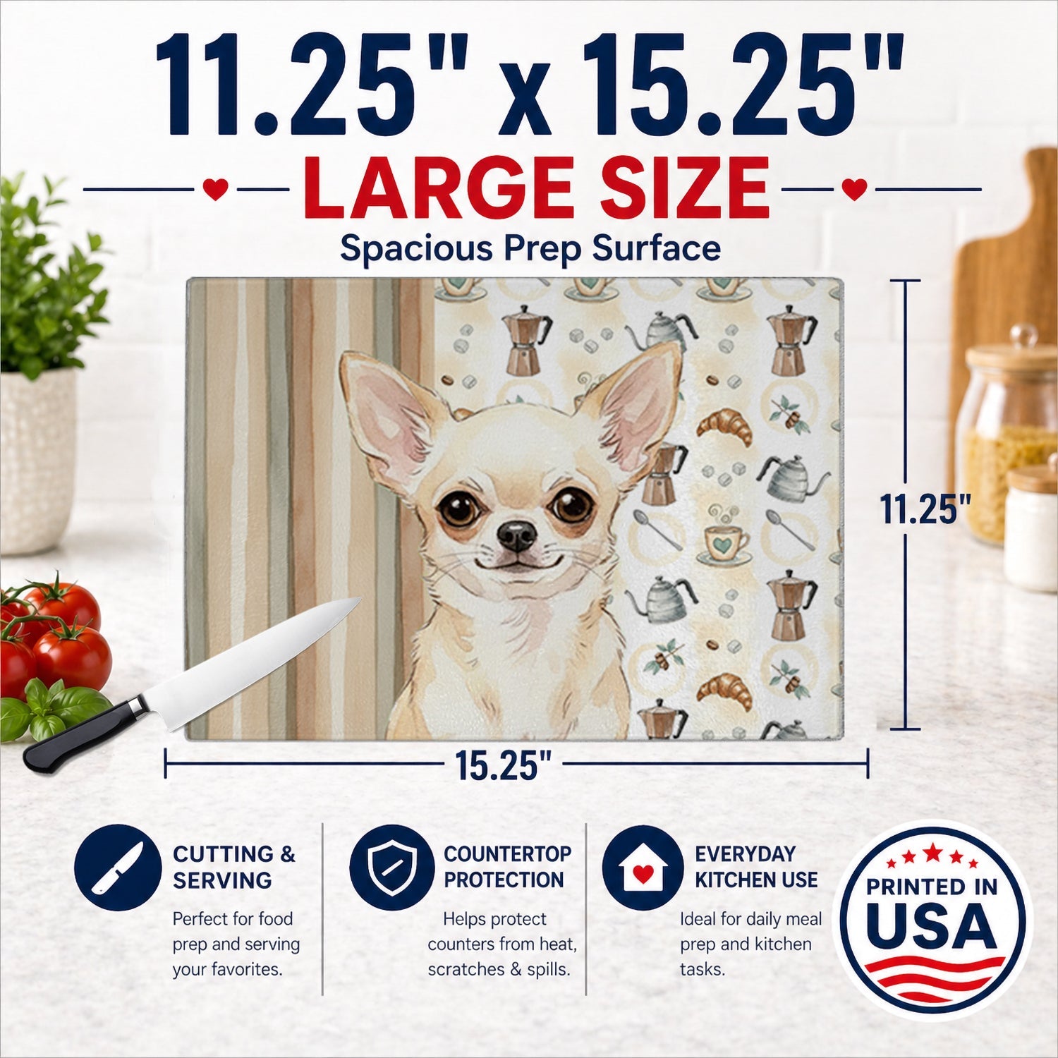 Cream Chihuahua Coffee Bar Cutting Board Tempered Glass Kitchen Cutting Surface, Heat Resistant Chopping, Non-Slip Feet, Food Prep & Serving