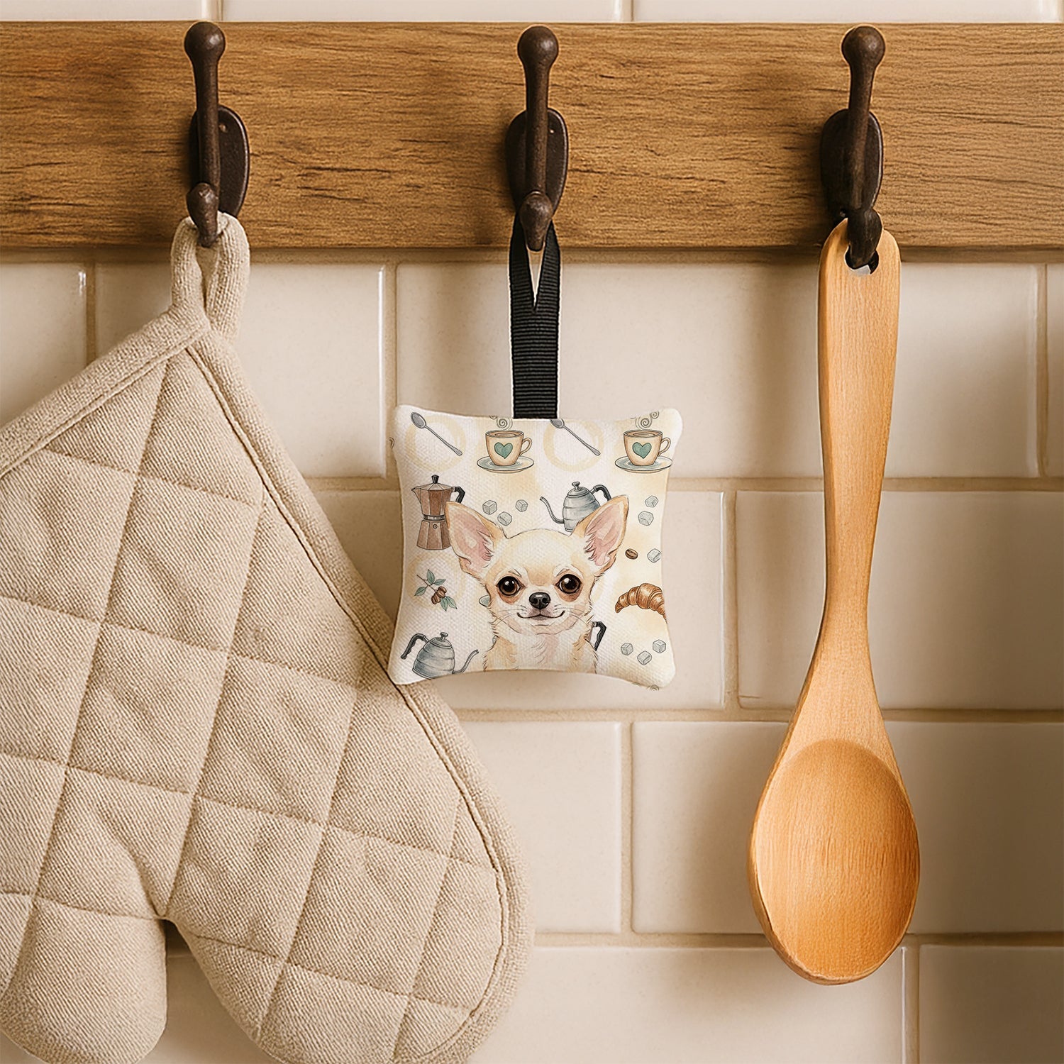 Cream Chihuahua Coffee Bar Hanging Square Fabric Ornament 3.5 � 3.5 Decorative Door-Knob & Tree Hanger, Soft Fabric