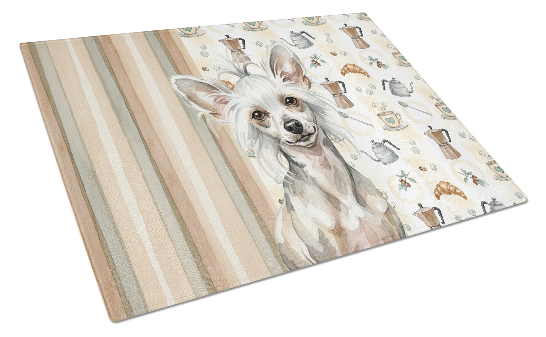 Hairless Mottled Pattern Chinese Crested Coffee Bar Cutting Board Tempered Glass Kitchen Cutting Surface, Heat Resistant Chopping, Non-Slip Feet, Food Prep & Serving