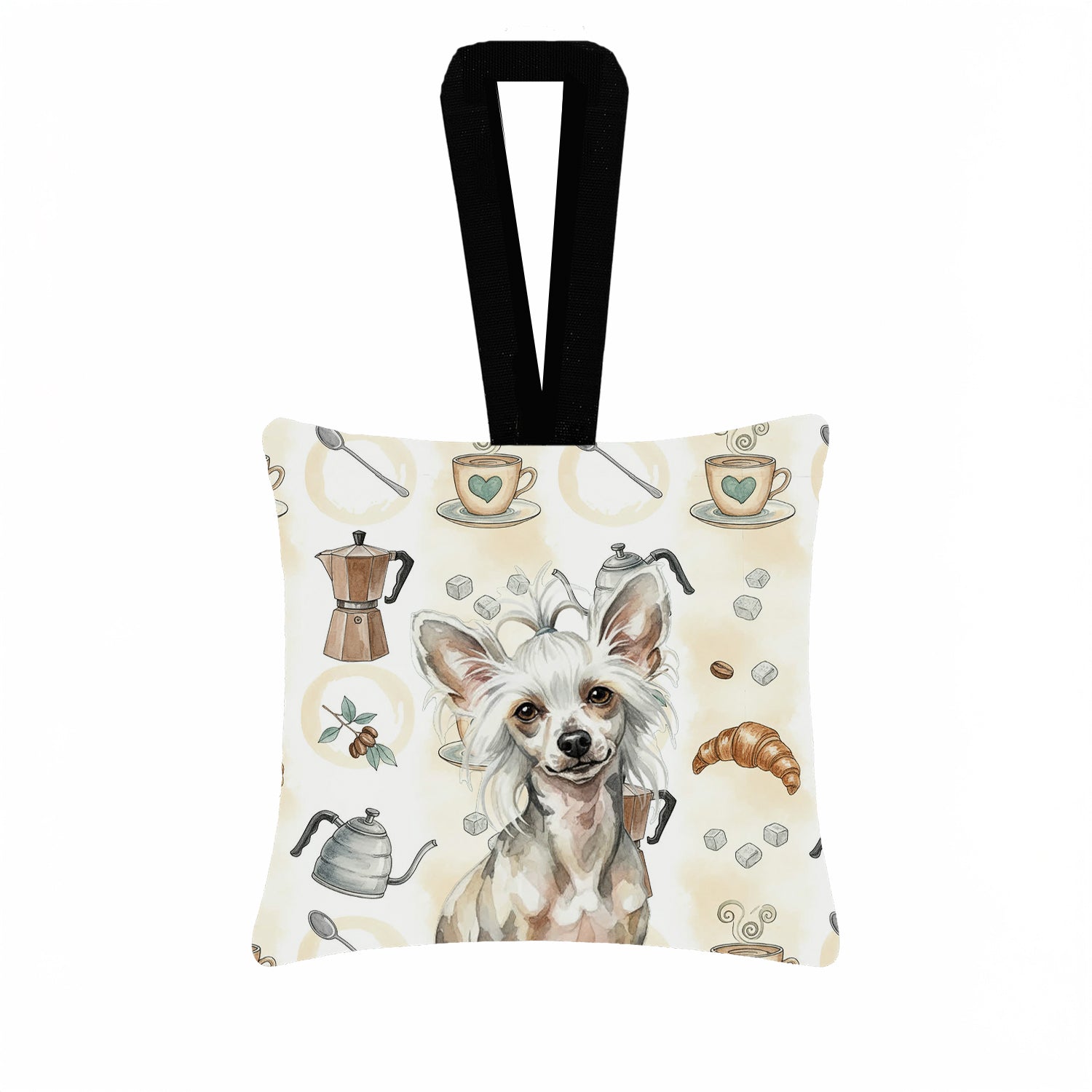 Hairless Mottled Pattern Chinese Crested Coffee Bar Hanging Square Fabric Ornament 3.5 � 3.5 Decorative Door-Knob & Tree Hanger, Soft Fabric