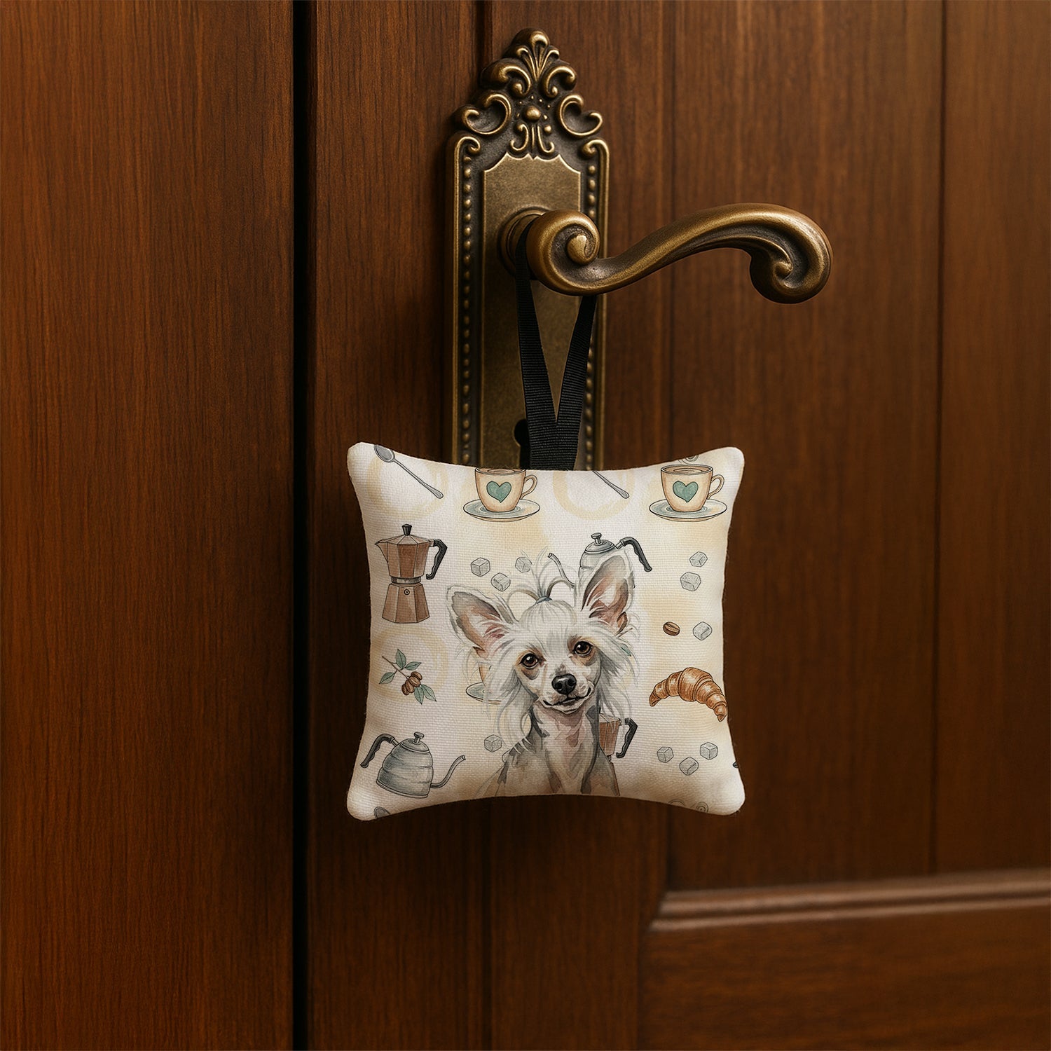 Hairless Mottled Pattern Chinese Crested Coffee Bar Hanging Square Fabric Ornament 3.5 � 3.5 Decorative Door-Knob & Tree Hanger, Soft Fabric