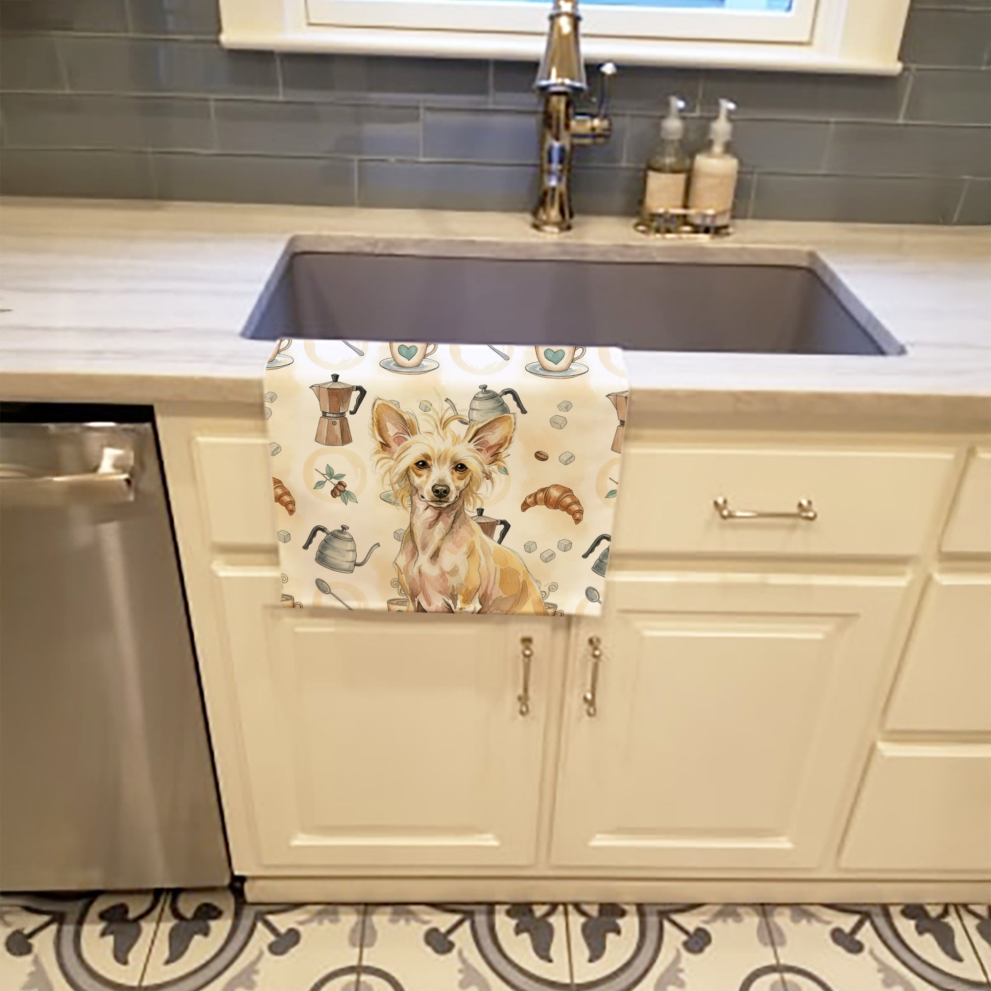 Hairless Palomino Chinese Crested Coffee Bar Kitchen Towel Velour Plush Front and Cotton Loop Back Machine Washable