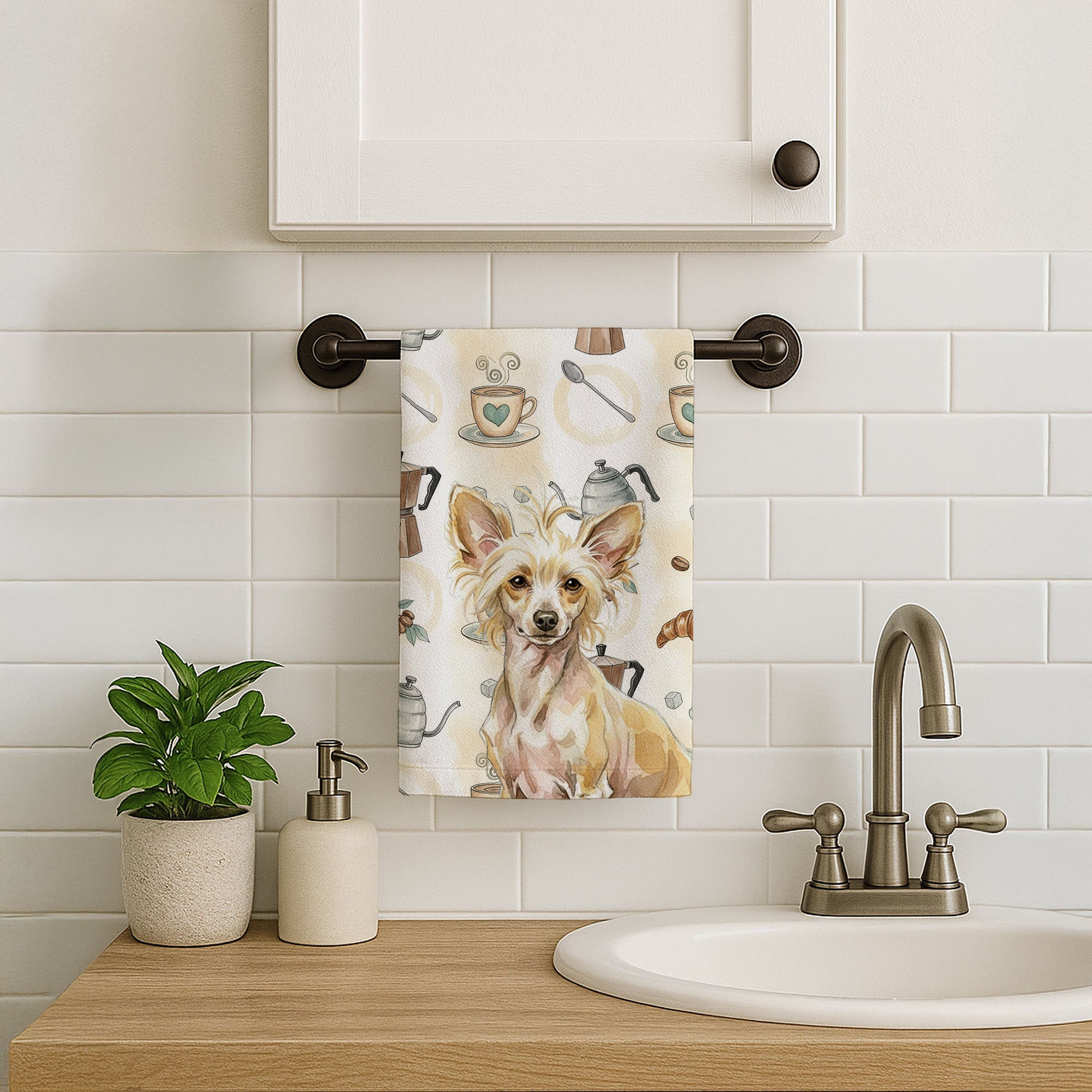 Hairless Palomino Chinese Crested Coffee Bar Kitchen Towel Velour Plush Front and Cotton Loop Back Machine Washable
