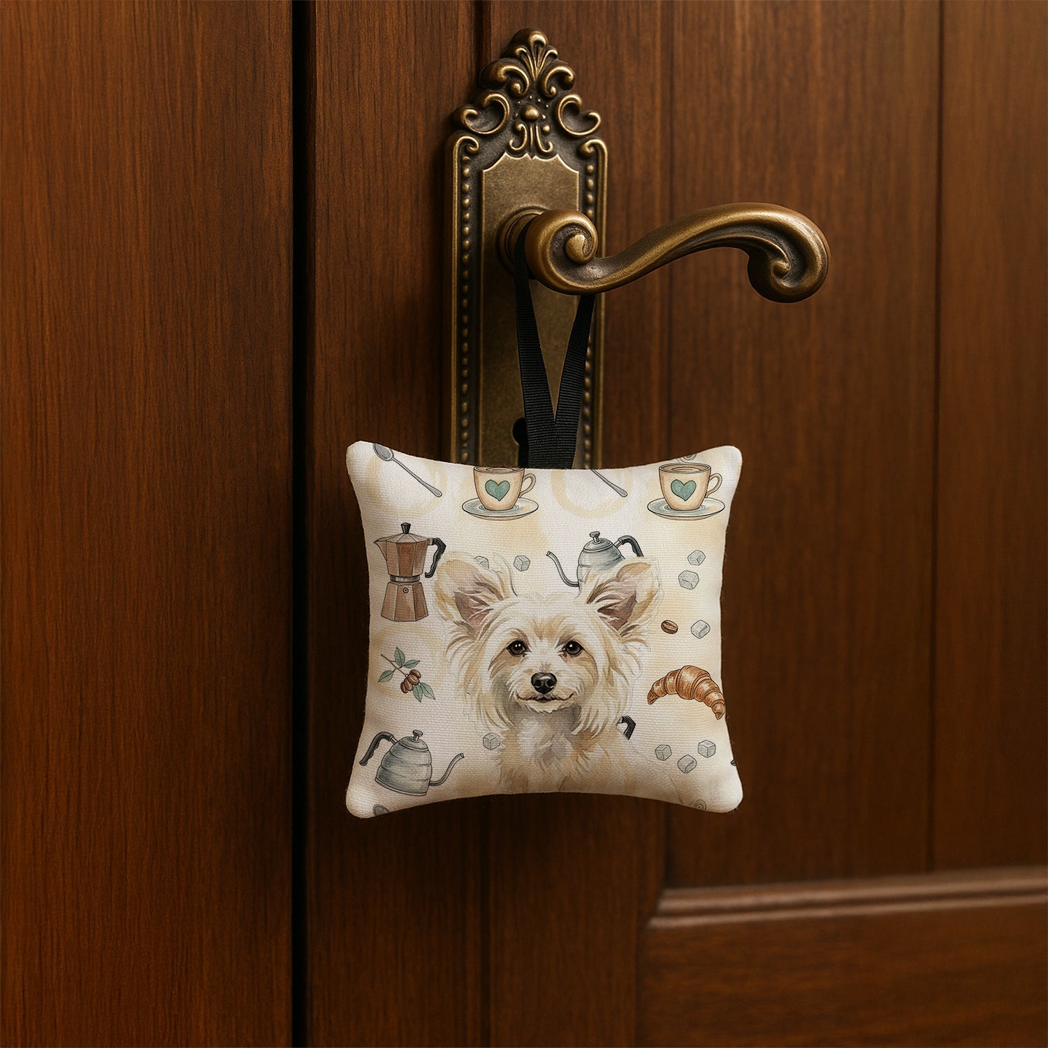 Powderpuff Chinese Crested Coffee Bar Hanging Square Fabric Ornament 3.5 � 3.5 Decorative Door-Knob & Tree Hanger, Soft Fabric