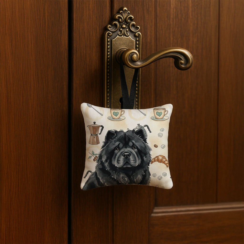Black Chow Chow Coffee Bar Hanging Square Fabric Ornament 3.5 � 3.5 Decorative Door-Knob & Tree Hanger, Soft Fabric